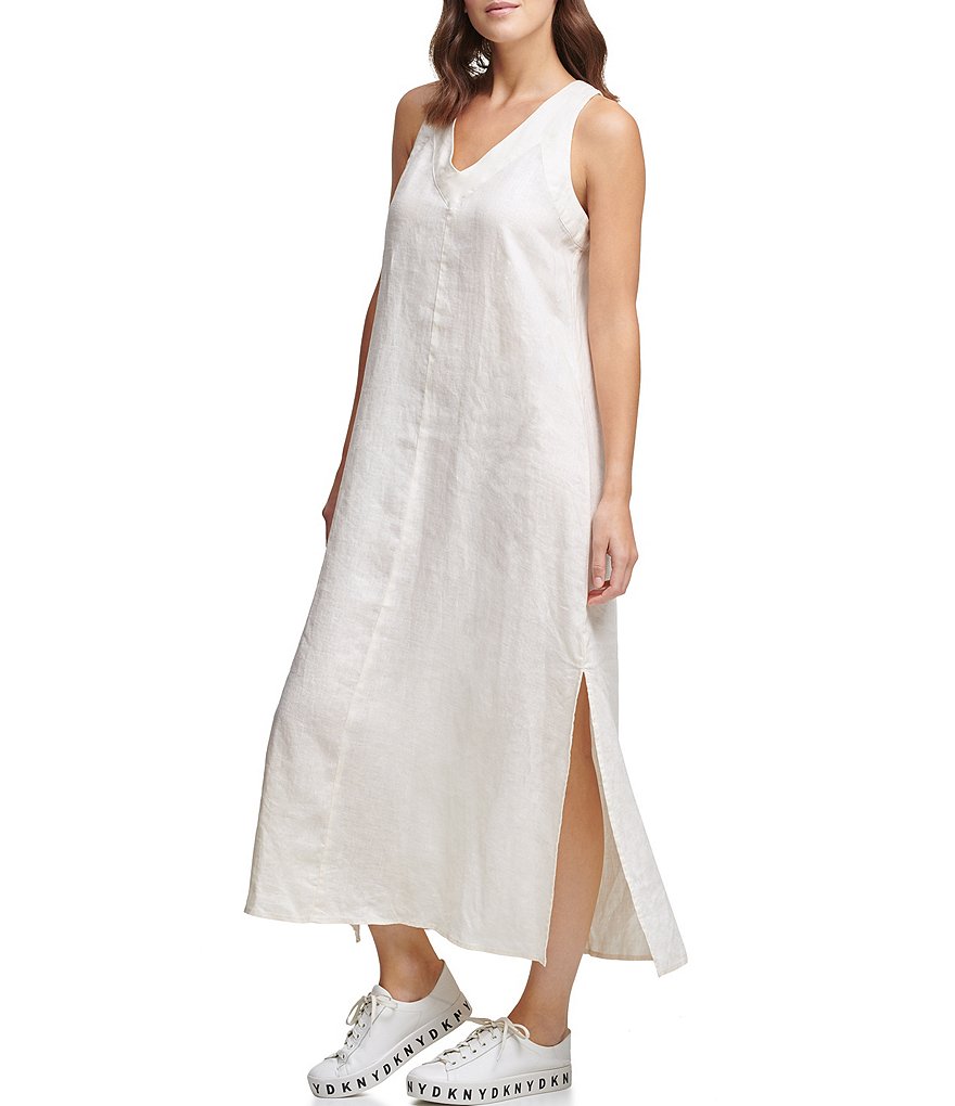 DKNY V-neck Linen Side Slit Dress
