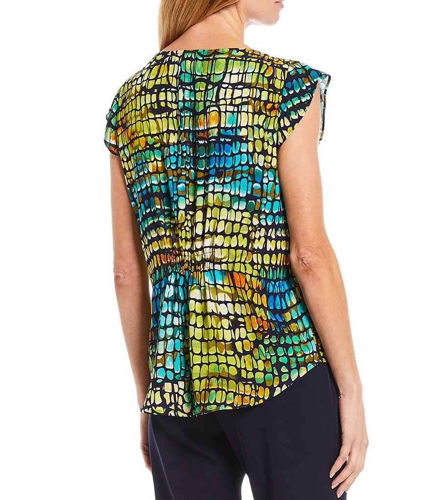 Tahari ASL Animal Print Georgette Jewel Neck Cap Sleeve Pleat Blouse