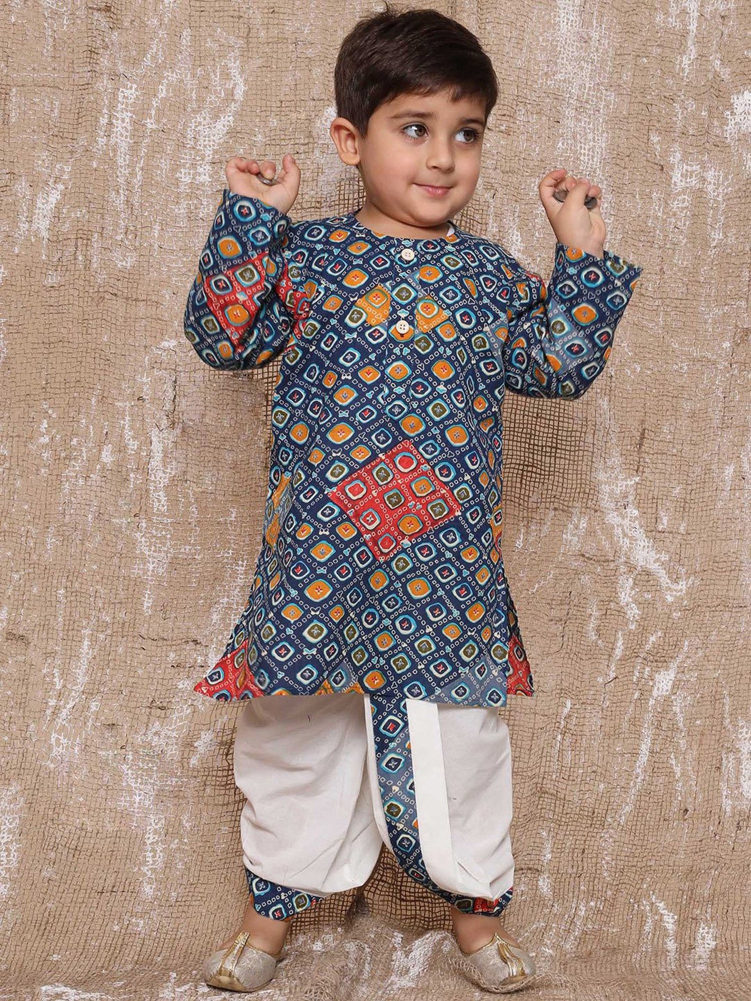 AJ Dezines Kids Navy & White Printed Full Sleeves Kurta with Dhoti