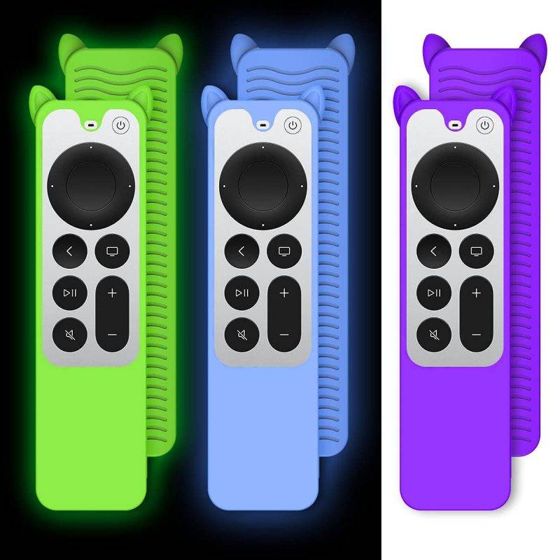 [3Pcs] Case for 2021 Apple TV Siri Remote,WQNIDE Cute Cat Ear Design Silicone Protective Cover for Apple TV 4K Siri Remote 2nd Gen 2021 with Lanyard|Anti Slip|Shockproof(Glow Green+Blue+Purple)