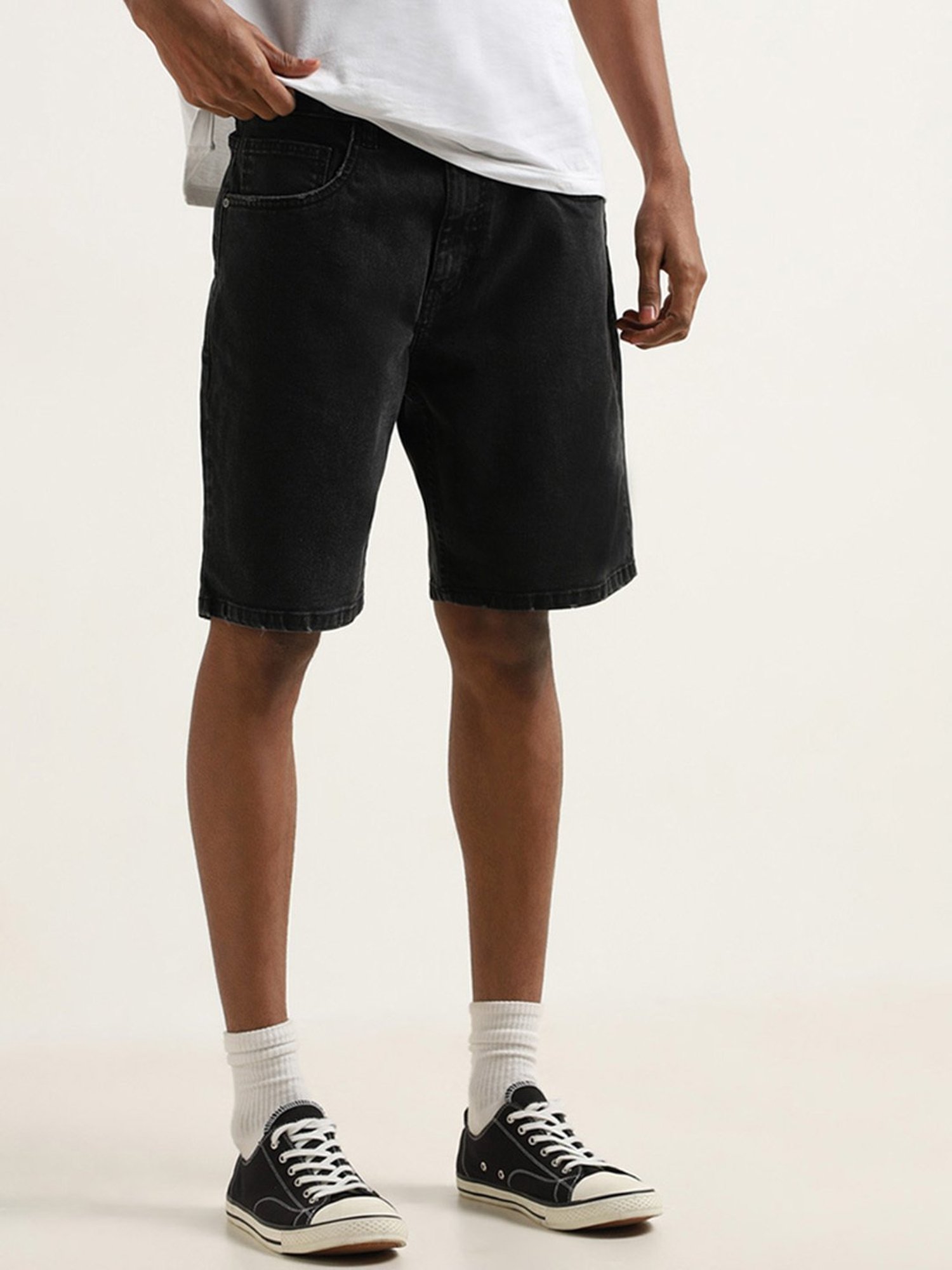 Nuon by Westside Charcoal Relaxed-Fit Mid-Rise Denim Shorts