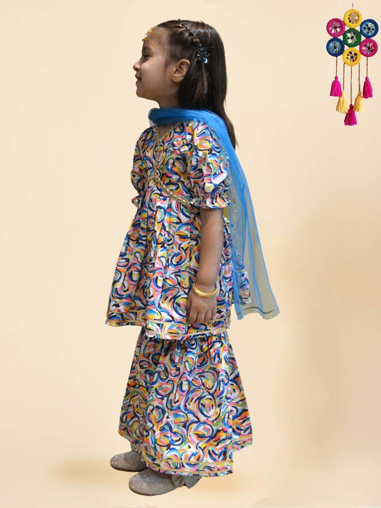 A.T.U.N. Girls Turquoise Printed Kurta Set