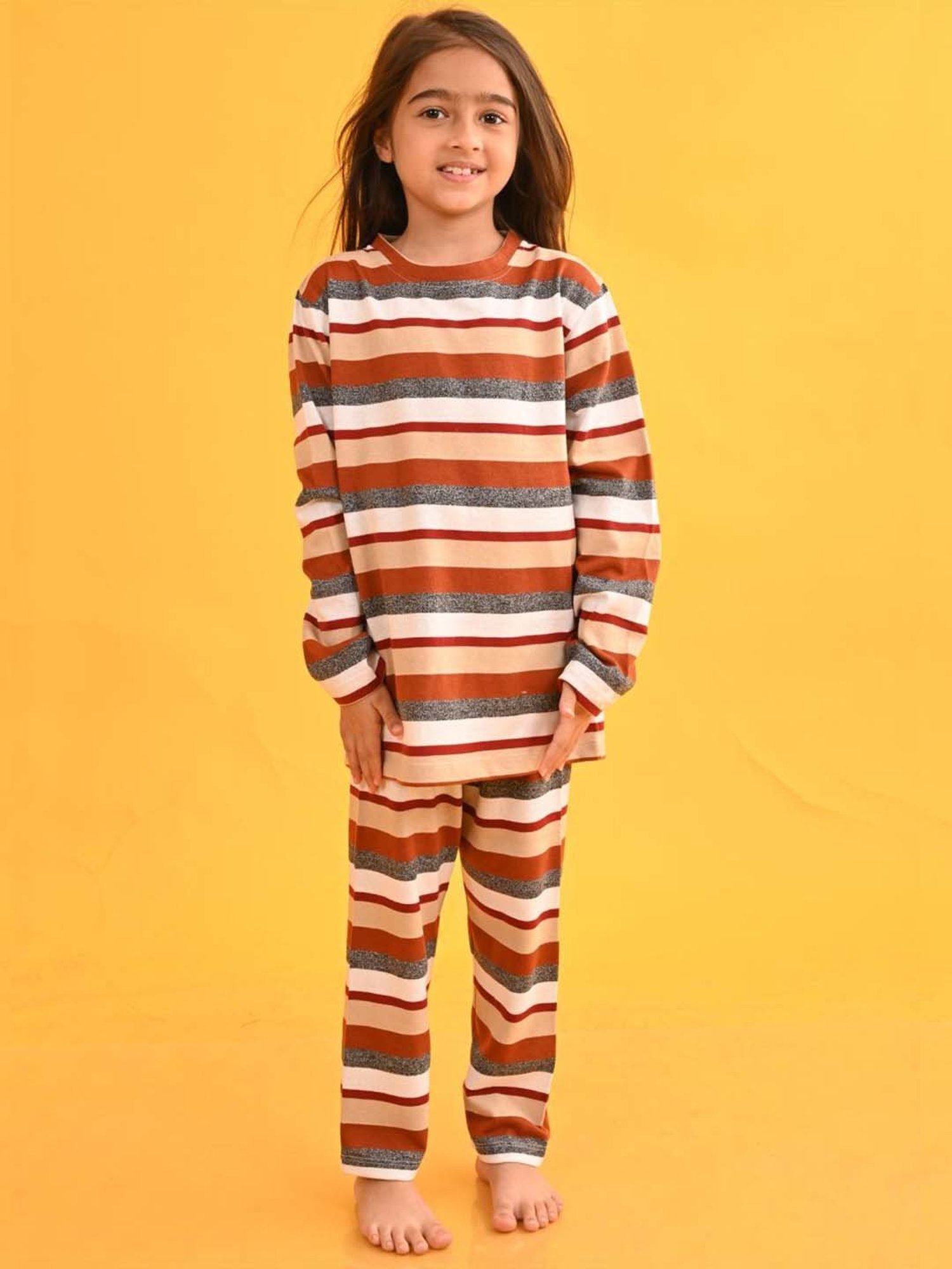 Anthrilo Kids Beige Cotton Striped Full Sleeves T-Shirt & Trouser