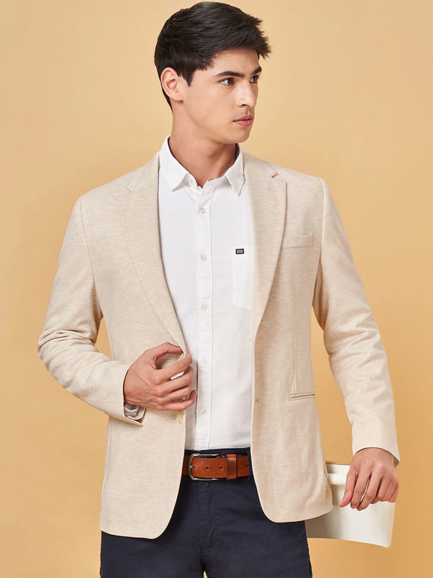 Byford By Pantaloons Cream Pearl Slim Fit Blazer