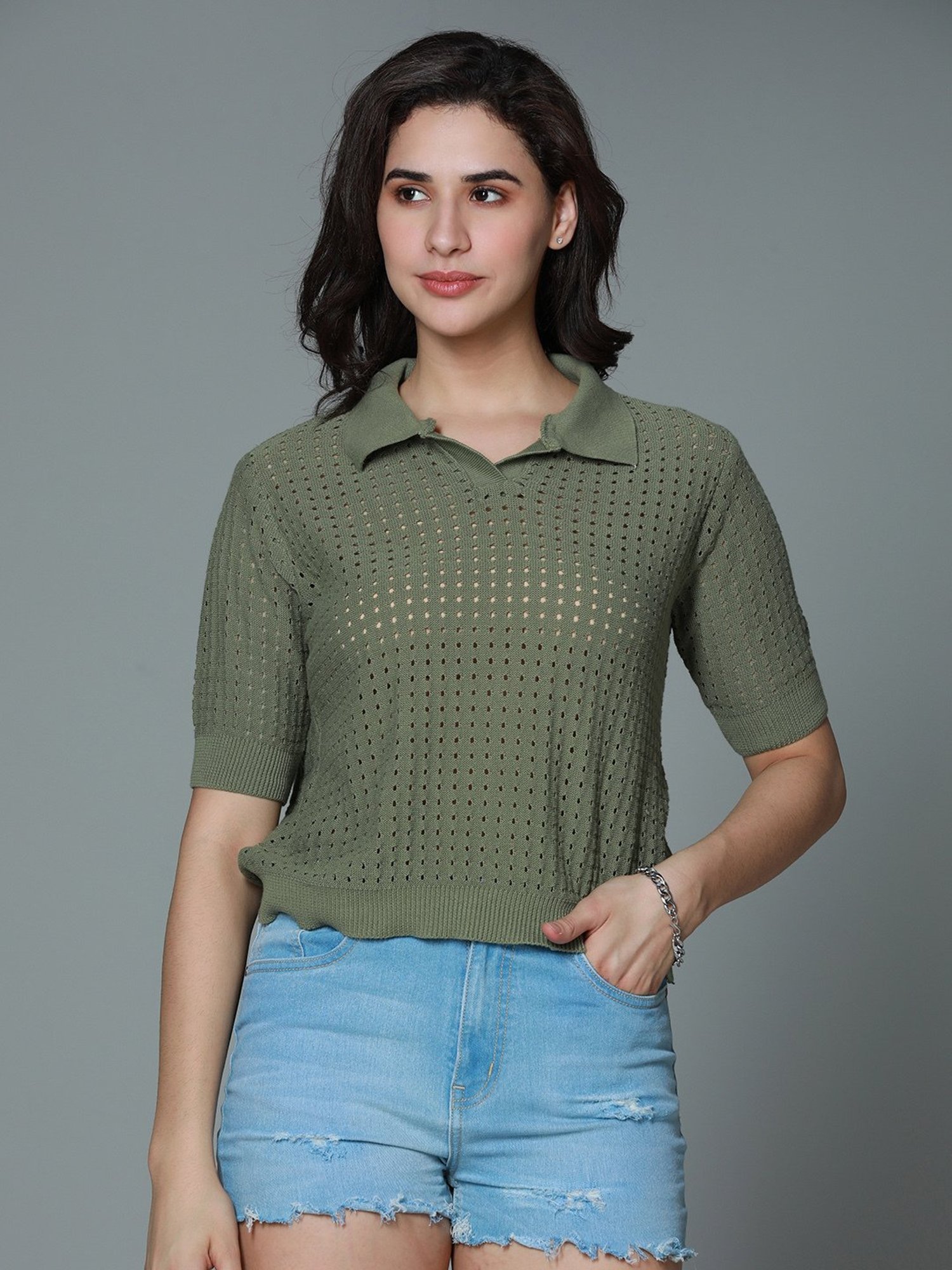 High Star Green Cotton Self Design Top