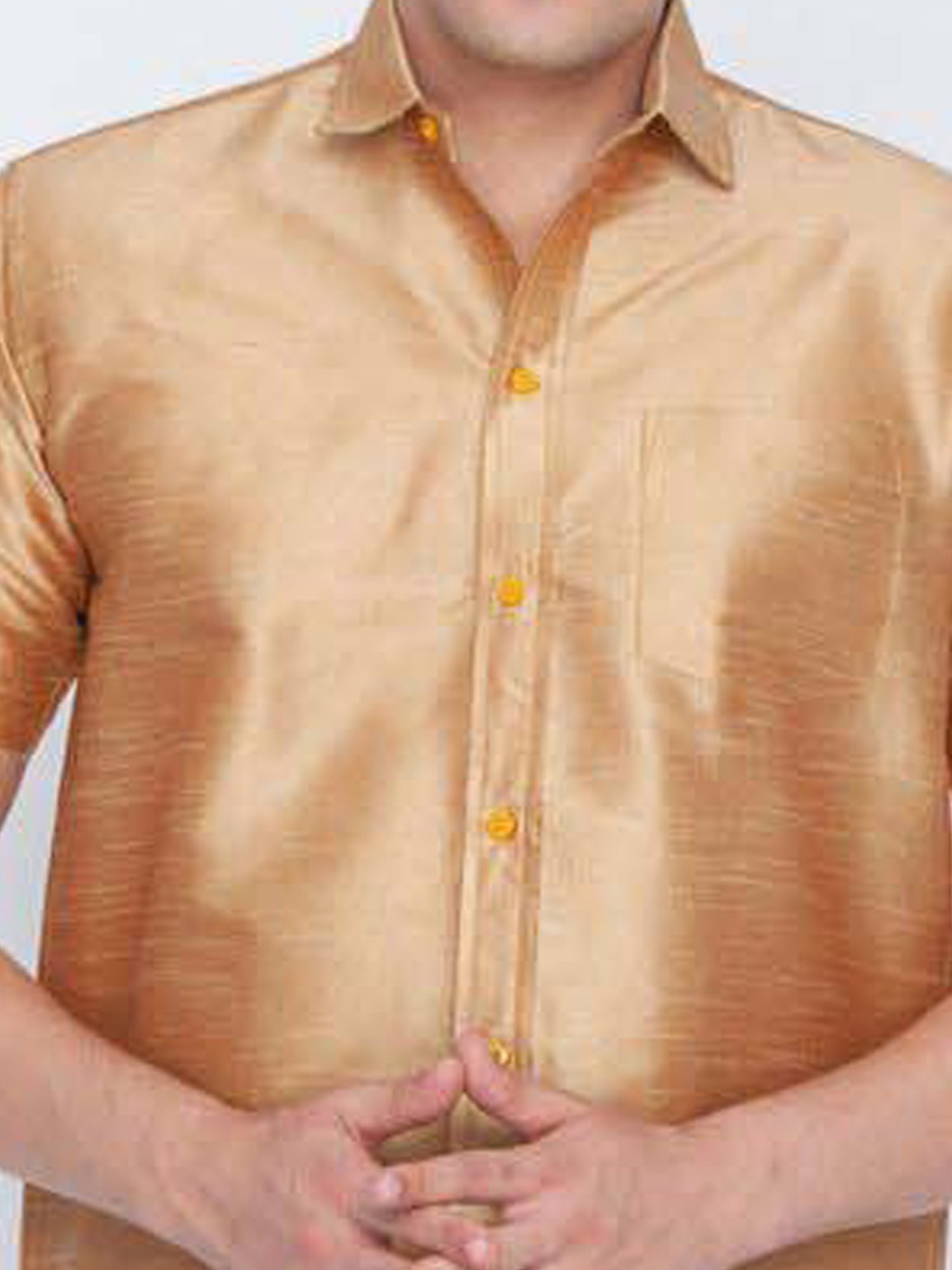 Vastramay Rose Gold & White Regular Fit Ethnic Shirt With Mundu