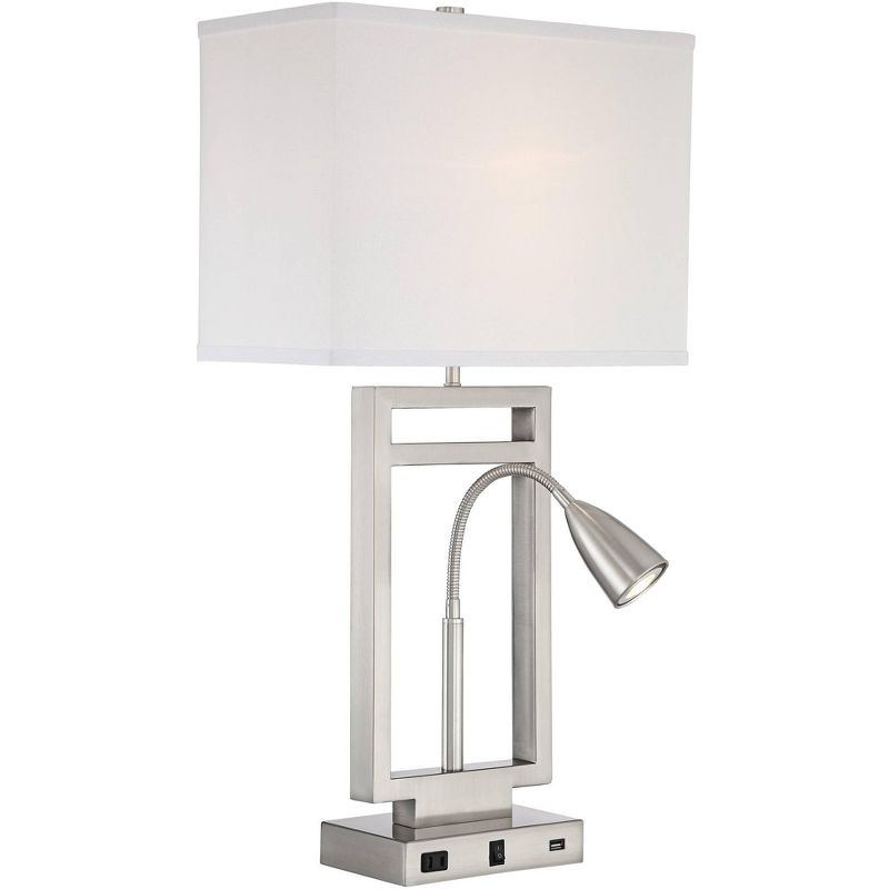 Possini Euro Design Modern Table Lamp with USB Outlet Reading Light LED Brushed Nickel Rectangular Off White Shade Bedroom Office
