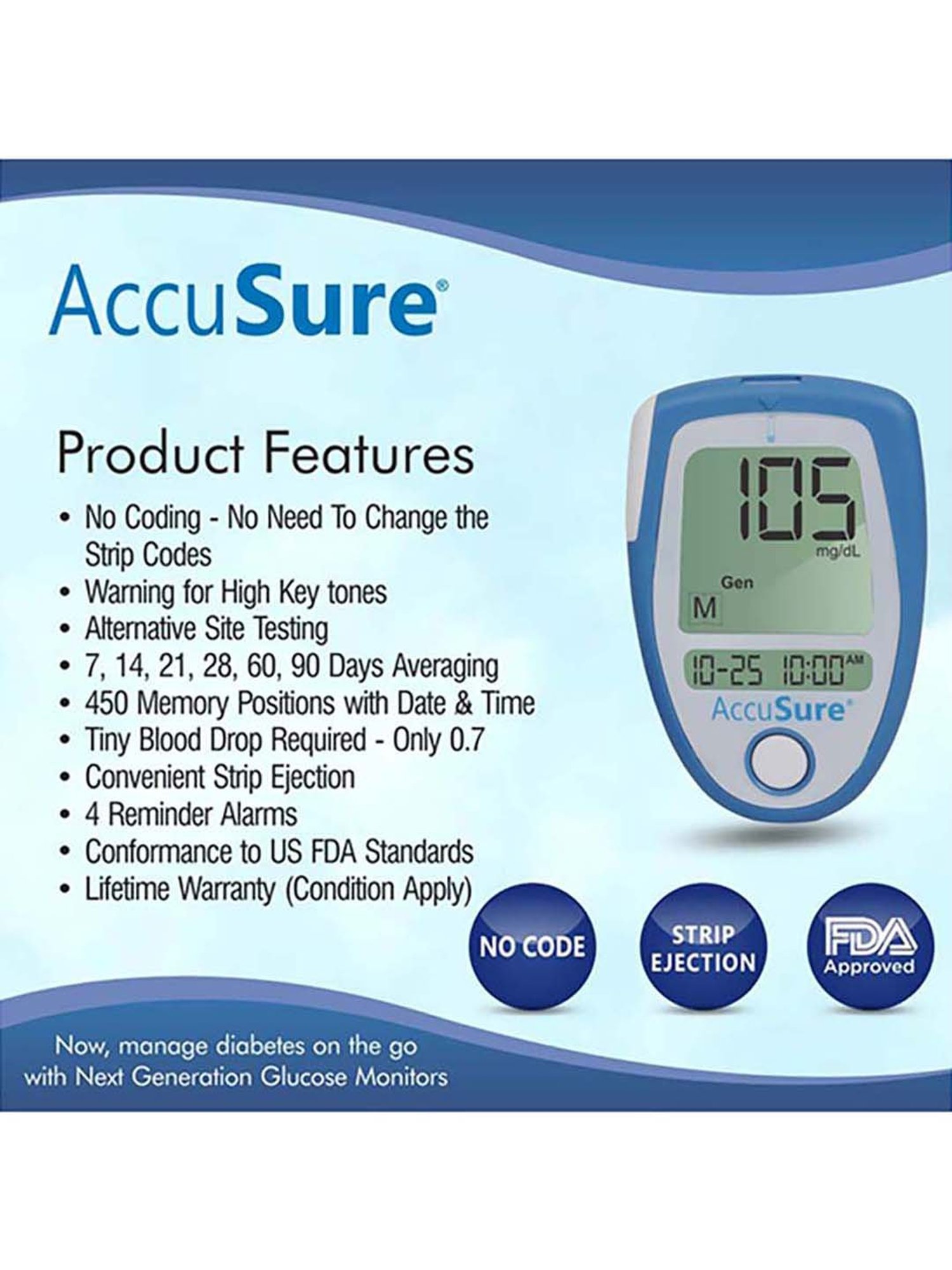 AccuSure Blood Glucometer, Lancing device with Pack of 75 strips (White)