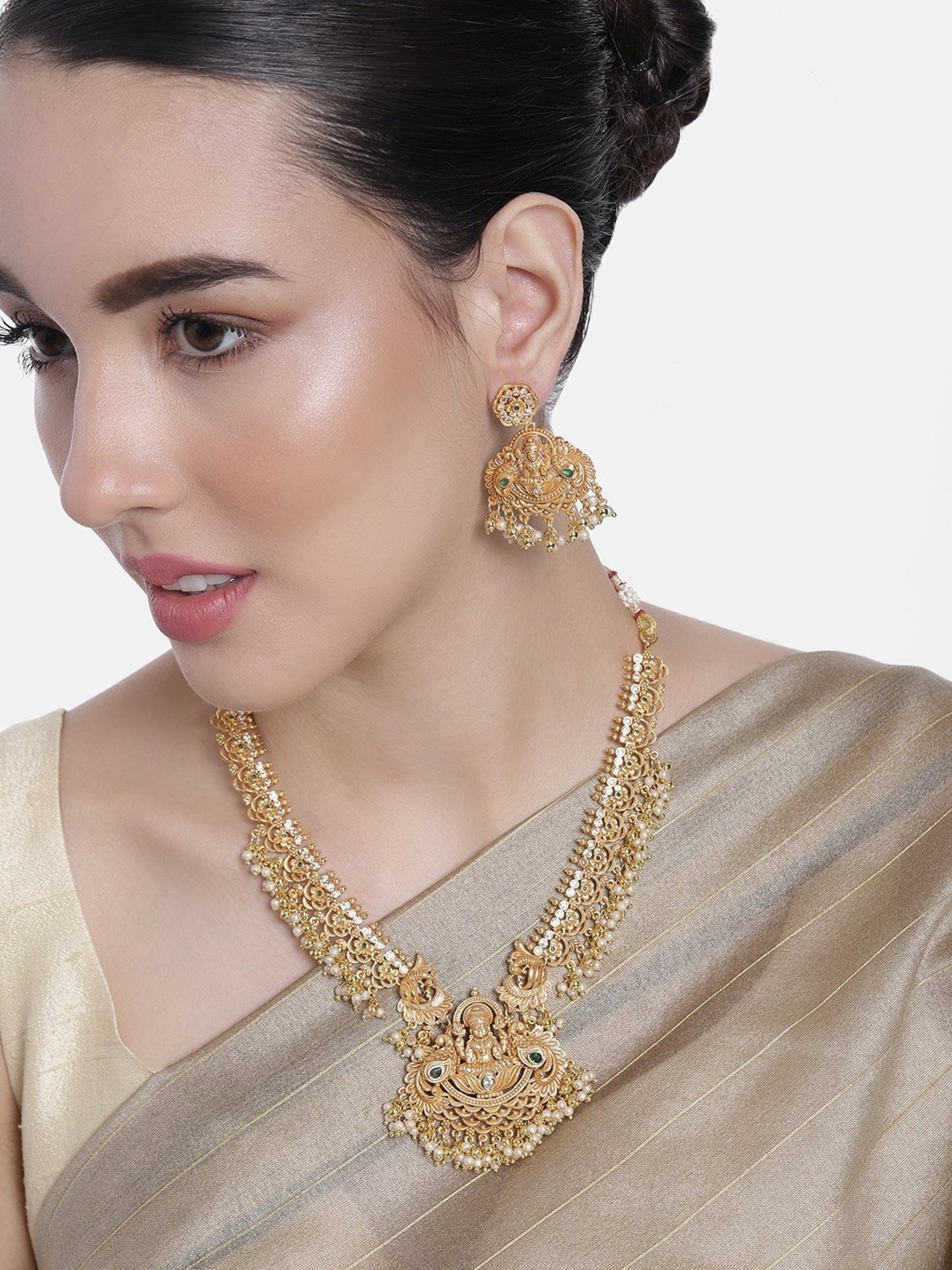 Estele Gold-Plated CZ Divine Lakshmi Devi Designer Bridal Necklace Set with Pearls for Women