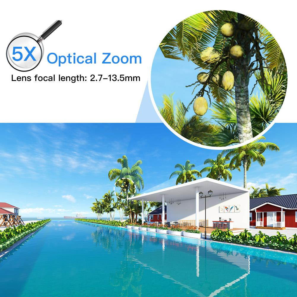 TOMLOV TLC01 5MP HD WiFi Outdoor PTZ Camera with 5x(2.7-13.5mm) optical zoom, 2592*1092 Pixel, Intelligent Full-color Night Vision, Two-way Audio, 5db External Antenna, for House