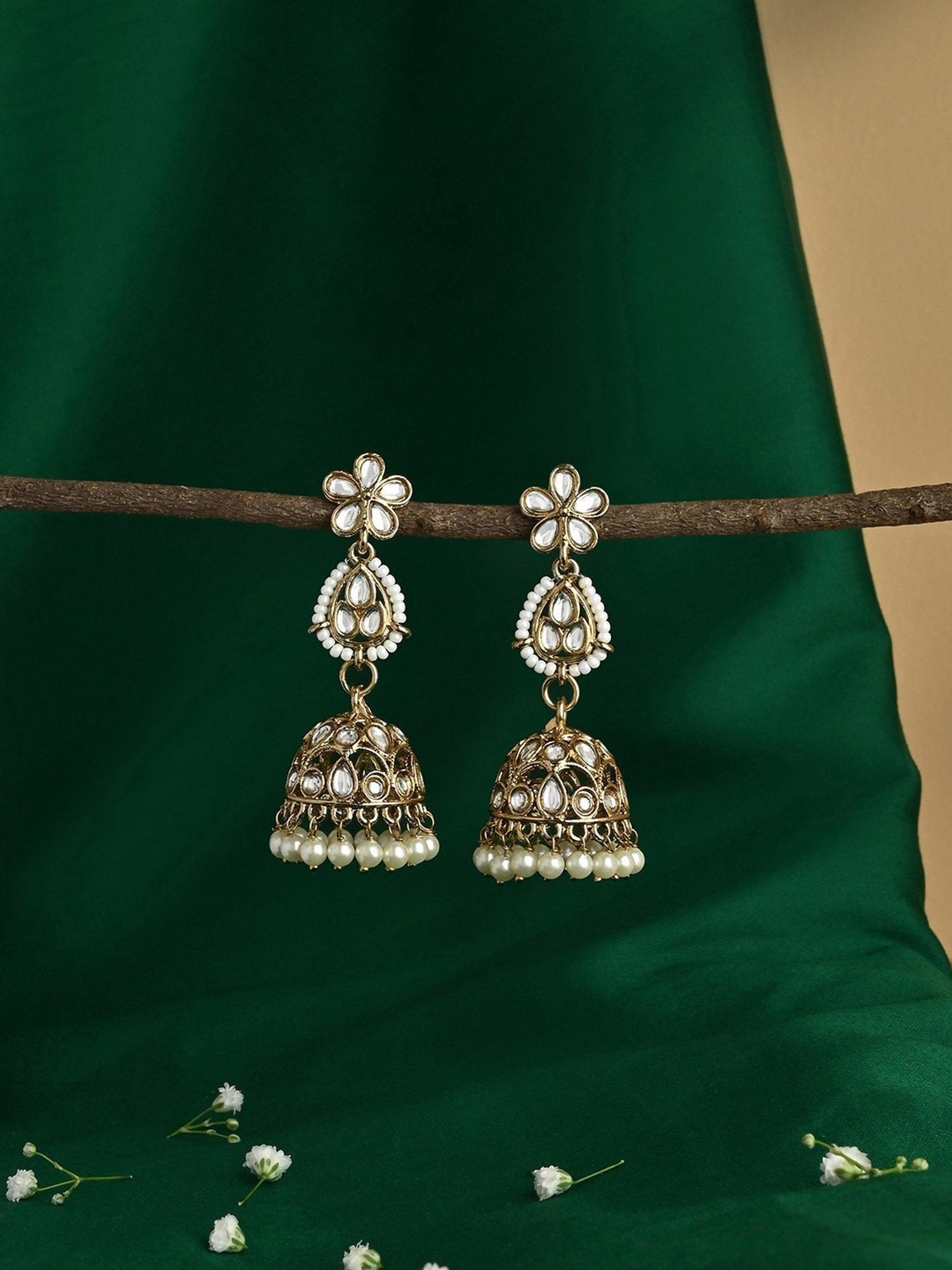 Fida Gold Plated White Pearls Jhumki Earrings for Women