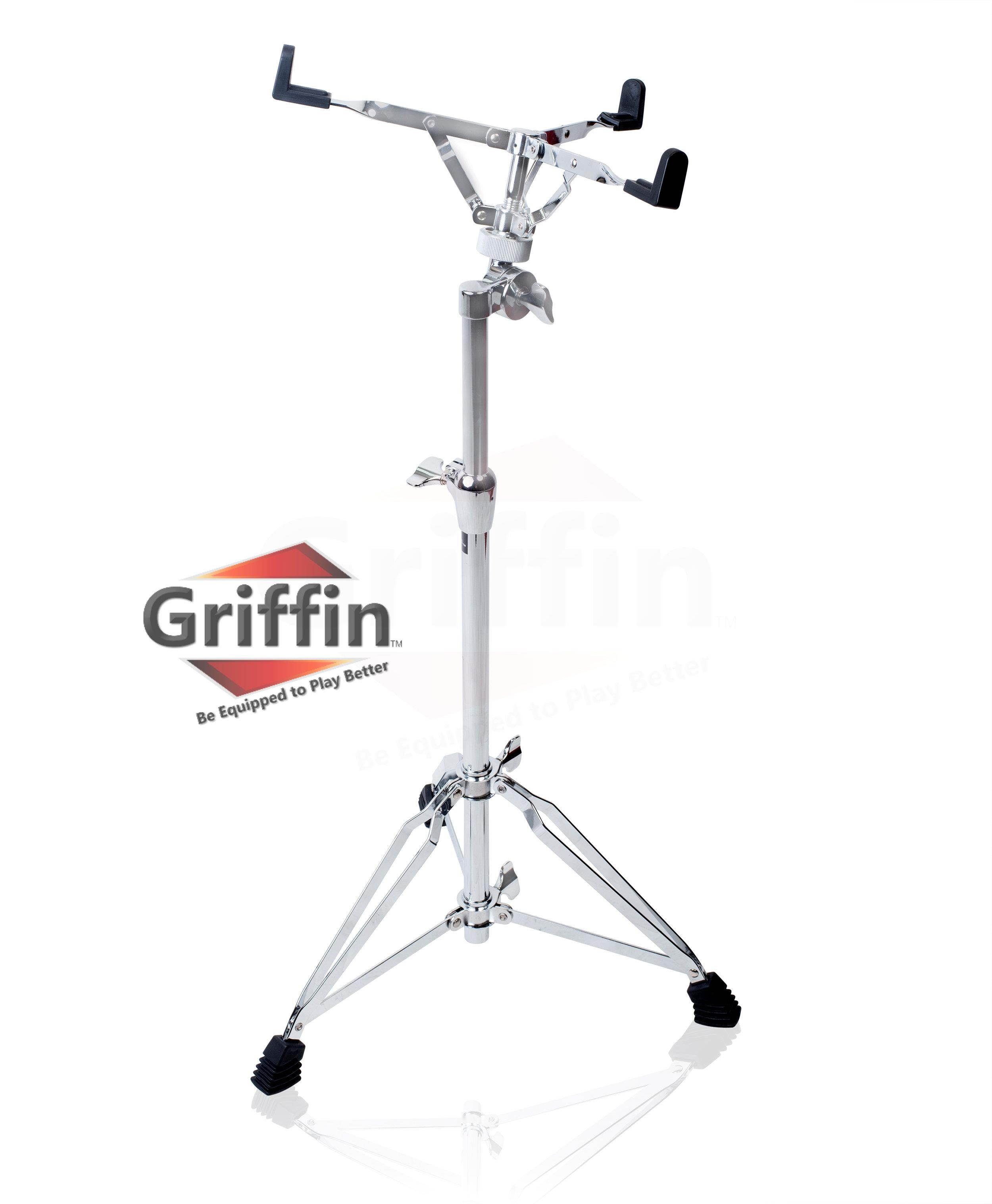 Extended Height Snare Drum Stand by GRIFFIN | Tall Adjustable Height Snare Stand For Practice Pad | Concert Stand Up Drum Mount Holder With Basket Clamp | Double Braced Percussion Chrome Drum Hardware