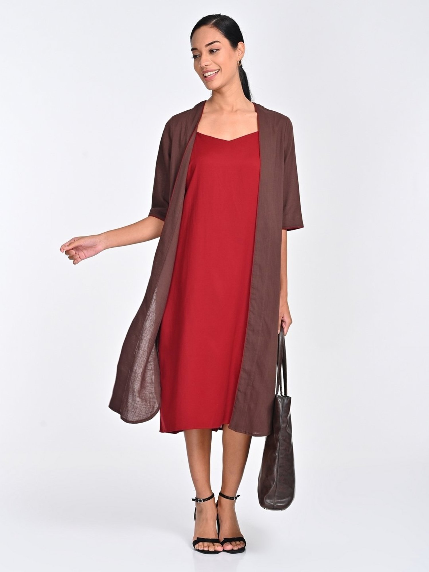 Saltpetre Women Coffee Brown with Maroon Piping Open Front Long Overlay