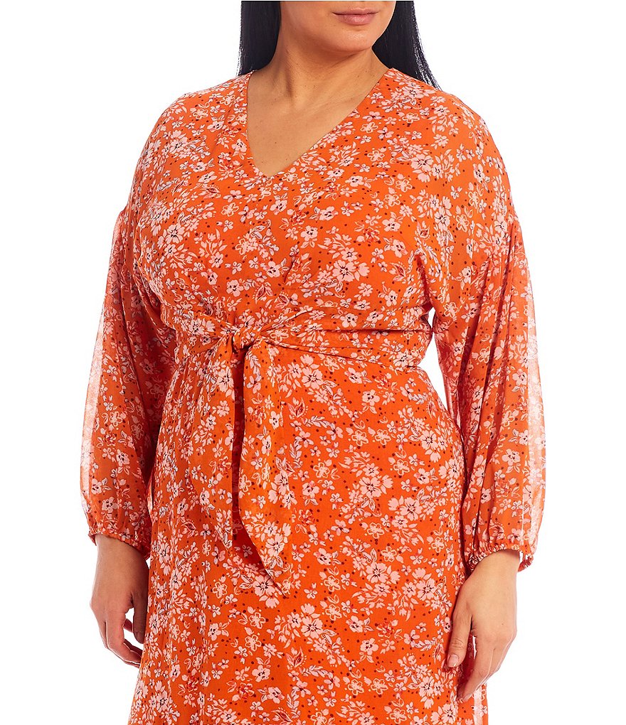 London Times Plus Size V-Neck Long Sleeve Wild Flowers High Low Midi Dress