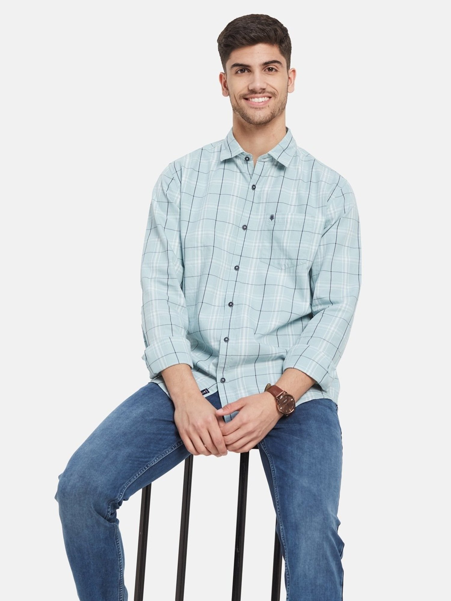 METTLE Light Teal Cotton Regular Fit Checks Shirt