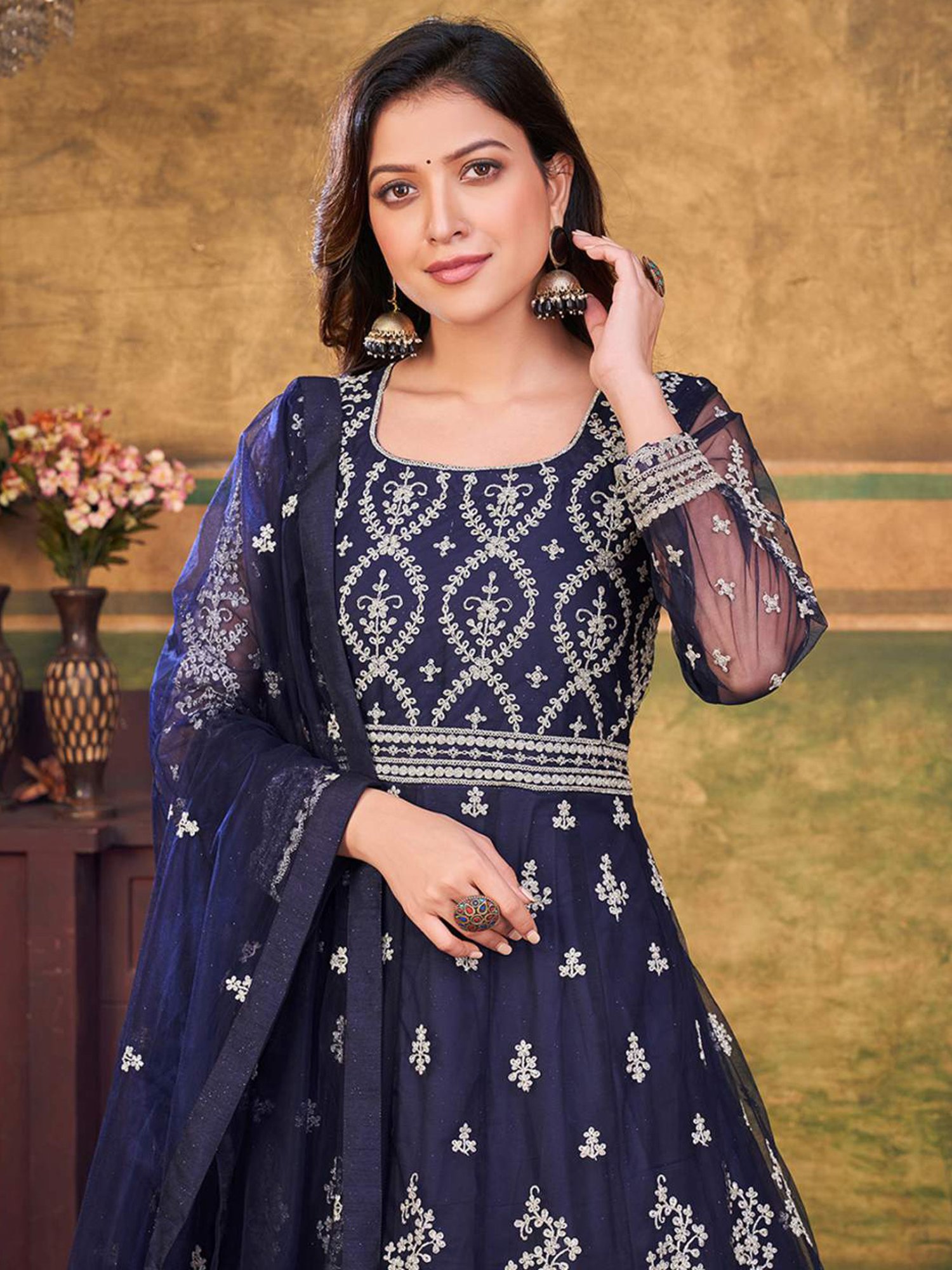 Odette Navy Embroidered Unstitched Dress Material