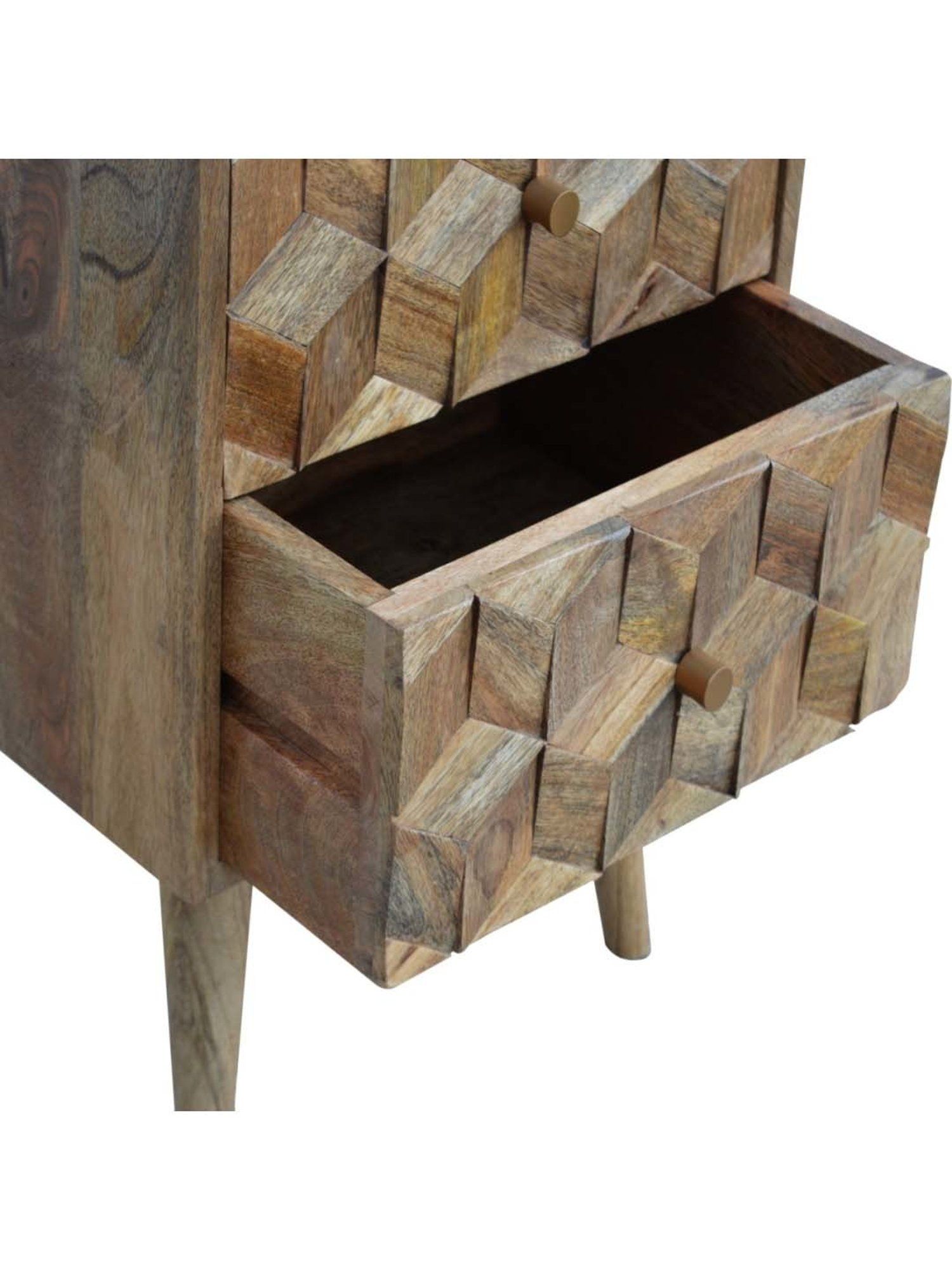 Artisan Furniture Textured Brown Cube Carved Bedside Table With Double Drawers