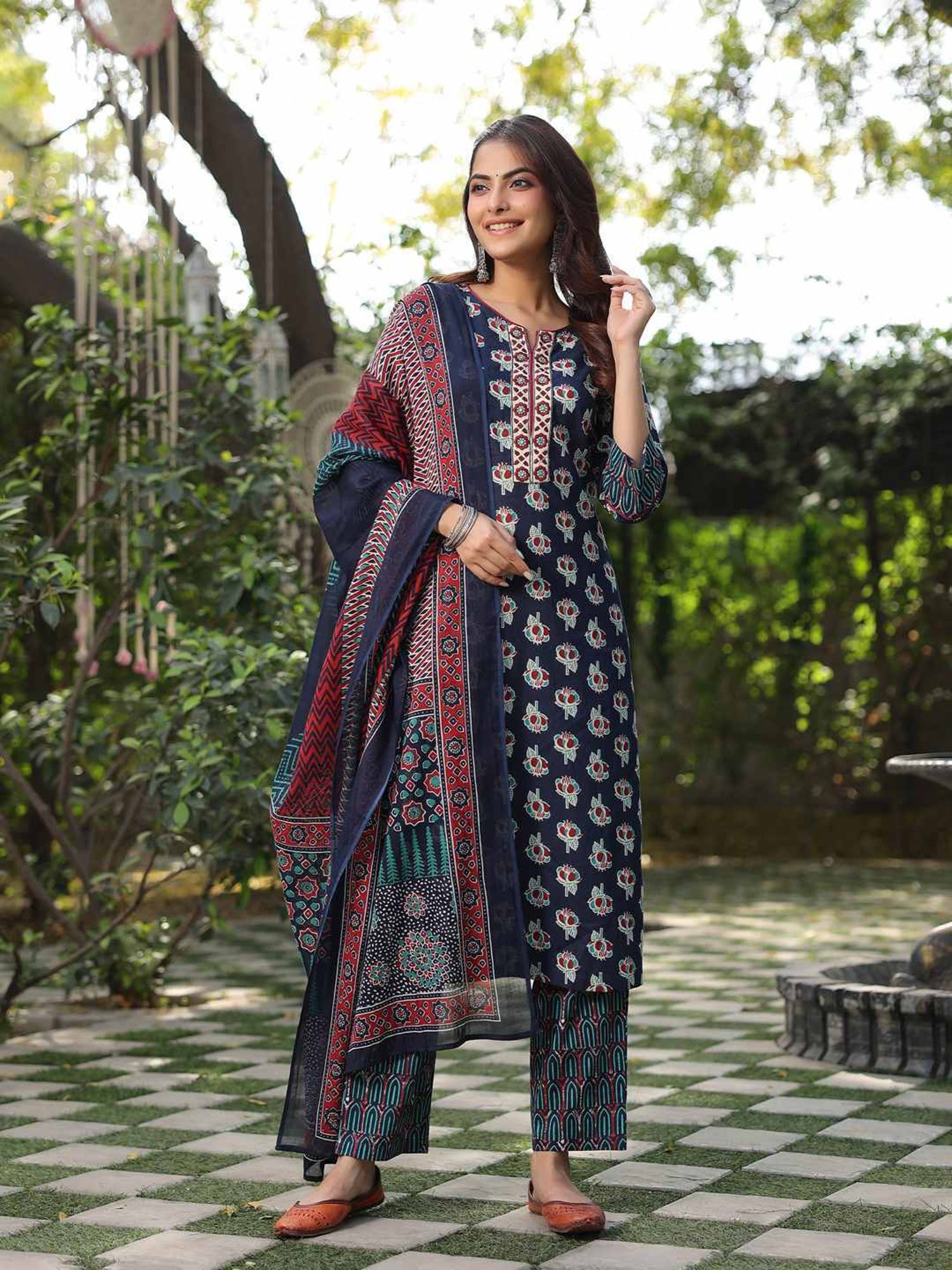 Rain and Rainbow Blue Cotton Embroidered Kurta & Pant Set With Dupatta