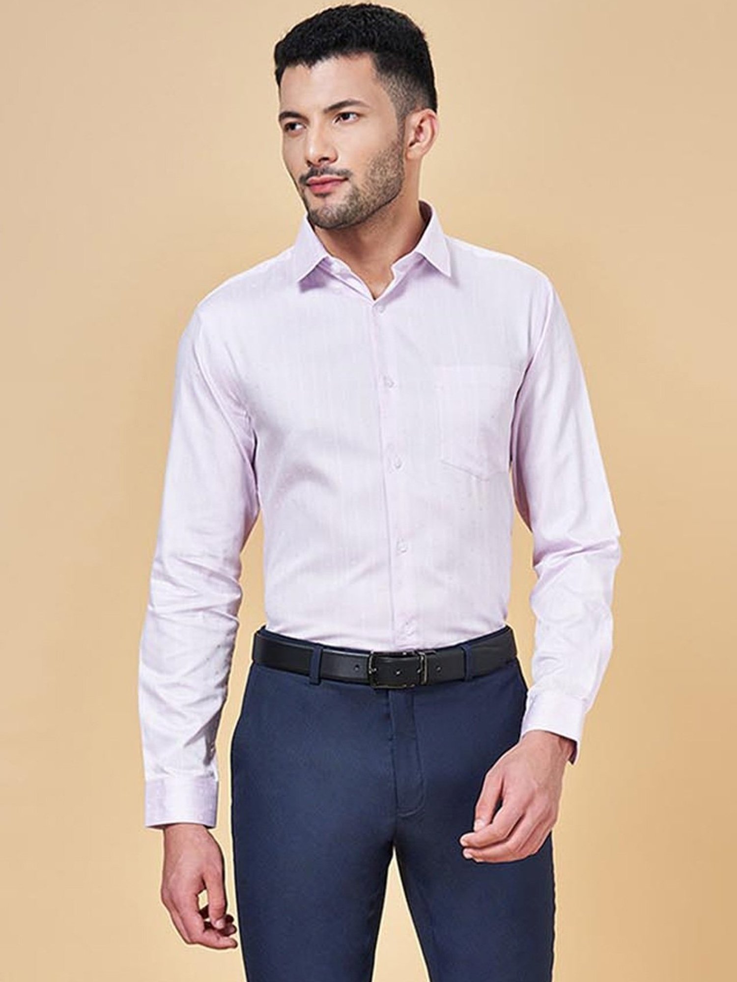 Peregrine by Pantaloons Pink Cotton Slim Fit Self Pattern Shirt