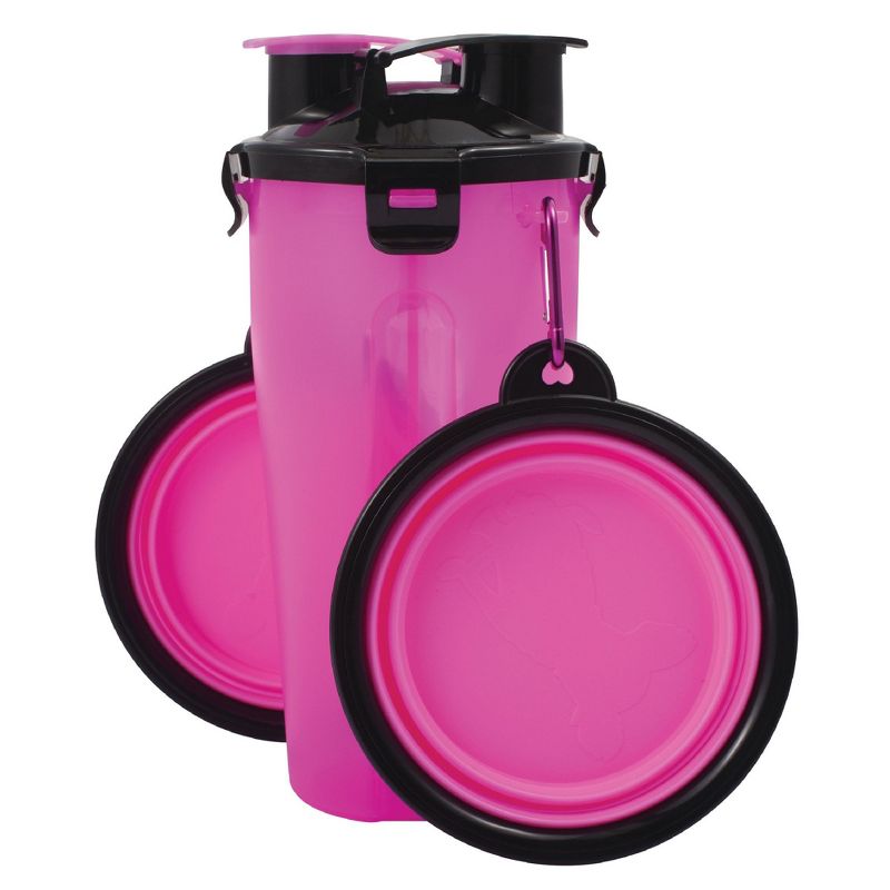 Pet Food Water Bottle 2-in-1 Portable with 2 Collapsible Bowls for Dog Travel Walking Hiking, Pink/Black