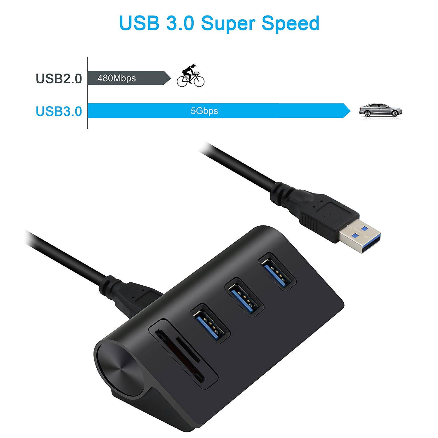 Cateck USB 3.0 HUB, Bus-Powered USB 3.0 3-Port Aluminum Hub with 2-Slots Card Reader Combo for iMac, MacBook Air, MacBook Pro, MacBook, Mac Mini, PCs, and Laptops, Black