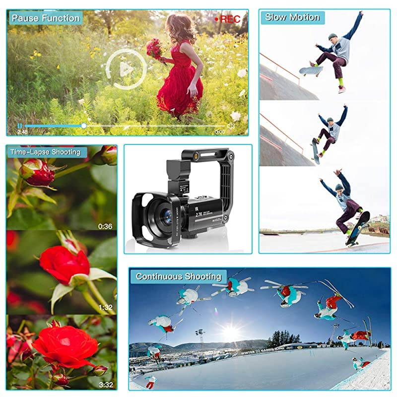 Camcorder Video Camera with Microphone, 2.7K UHD Vlogging Cameras for YouTube IR Night Vision 30FPS 36MP 16X Zoom 3.0 Inch 270&deg; Rotatable Touch Screen Remote Control 2 Batteries