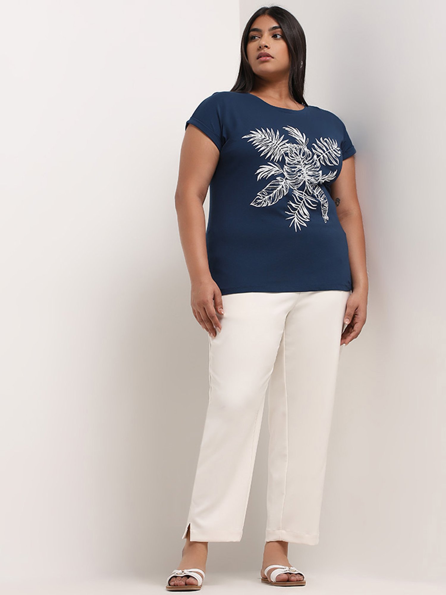 Gia by Westside Dark Blue Leaf Embossed Top