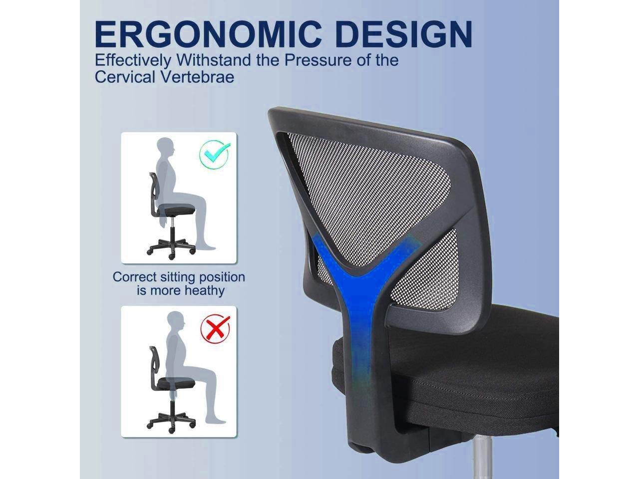 SMUGDESK Armless Office Chair Mesh Ergonomic Computer Chair Lumbar Support Low Back with Rolling Casters for Small Spaces