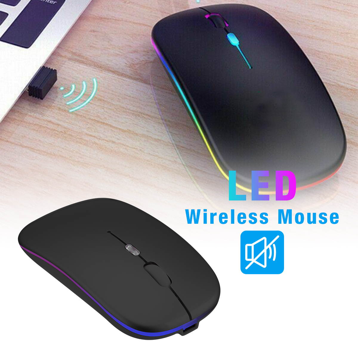 2.4GHz RGB Rechargeable Wireless Mouse Silent USB Mice for Computer PC Laptop US,Black