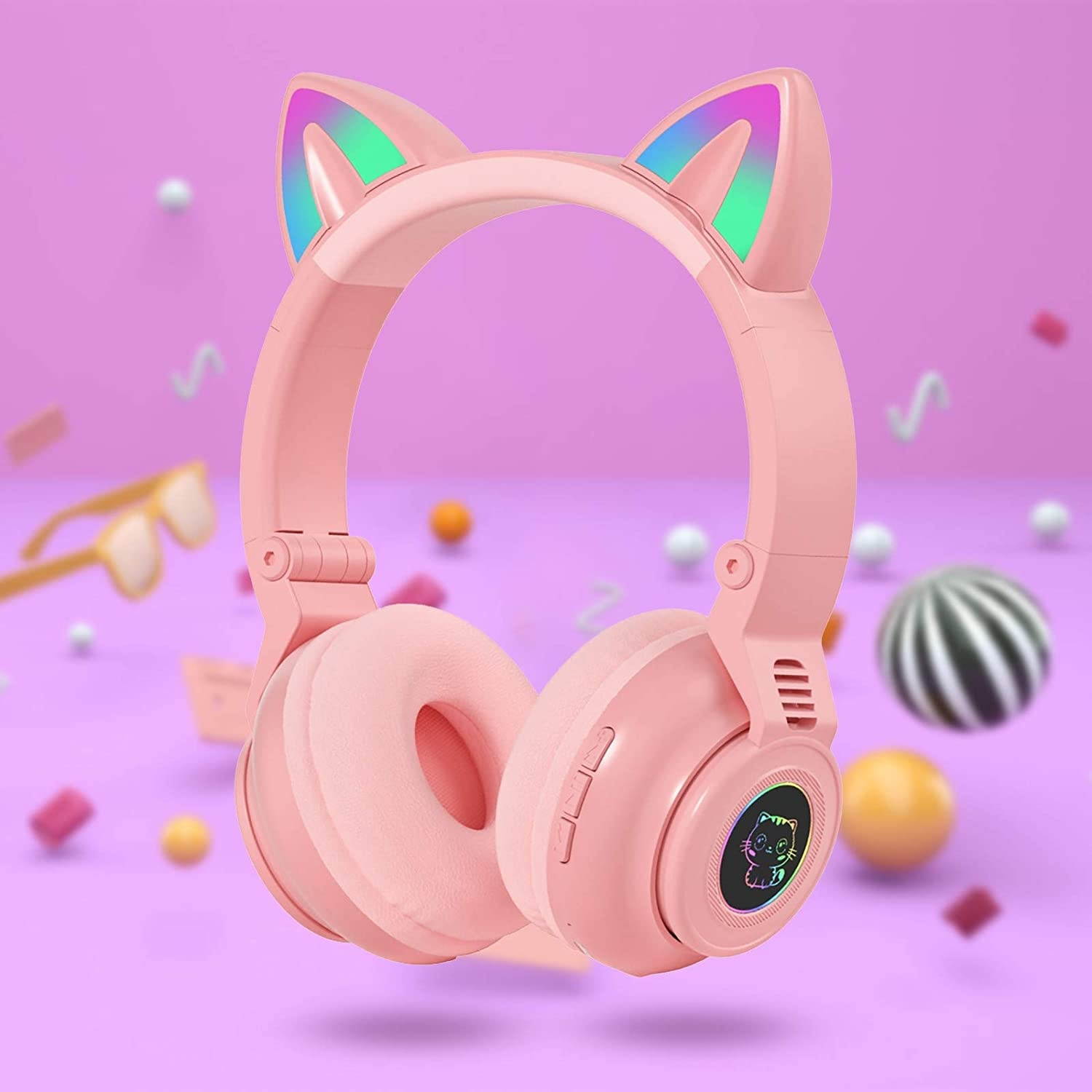 Cat Ear Headphones Bluetooth 5.0 Pink Stereo Gaming Headset with MIC, Foldable Wireless Noise Cancelling Headphone, Fashion Luminous Headset for Kids & Adults (Pink)