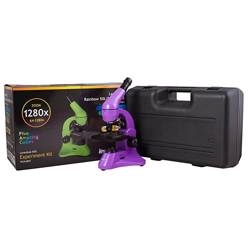 Rainbow 50L Plus Amethyst Student Microscope 641280x Magnification Metal Body Glass Optics with Experiment Kit and Case