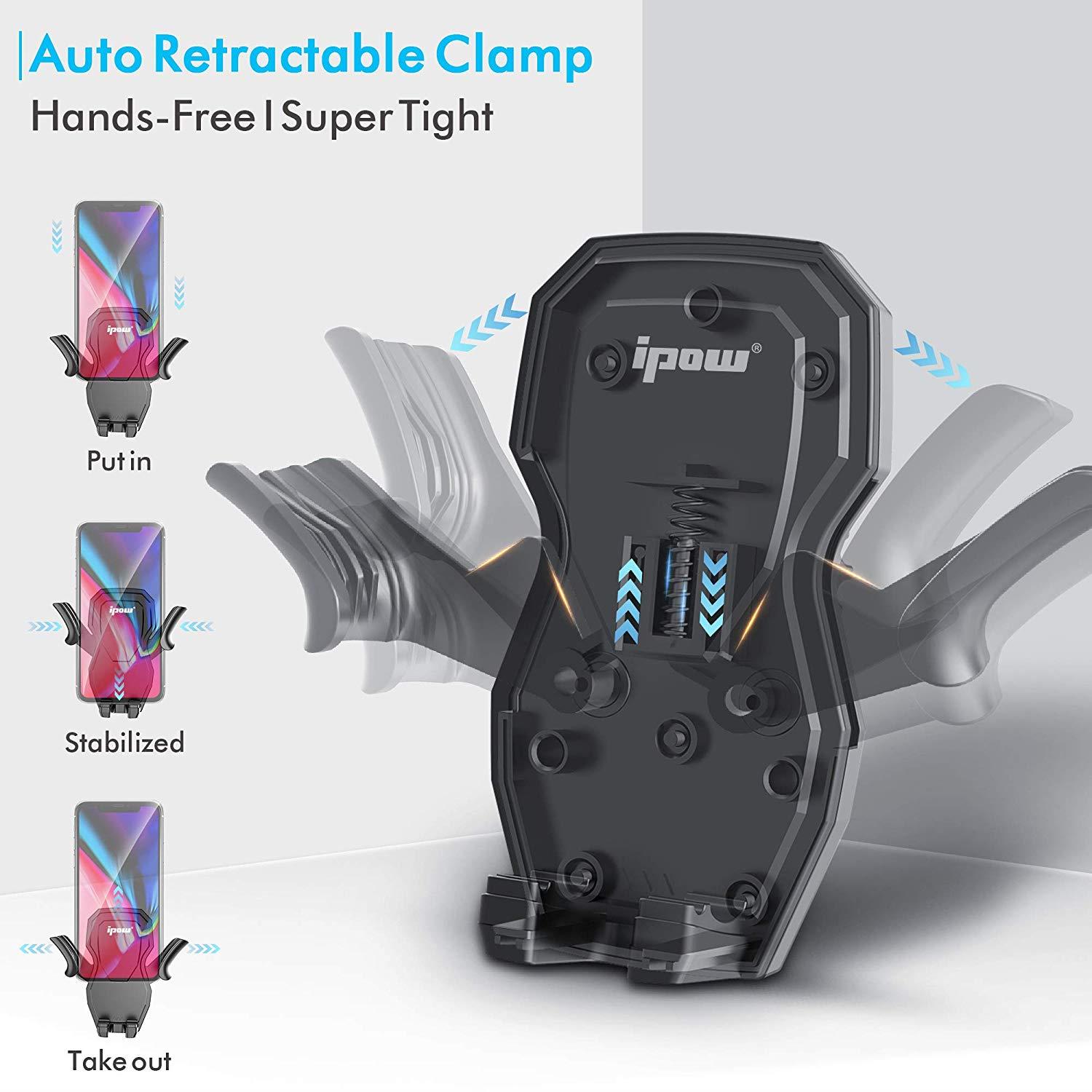 IPOW Car Phone Mount Holder Hands Free Car Phone Holder Dashboard Gravity Cell Phone Holder Mount with Auto Retractable Clamp Maximum Angle Adjustment for iPhone XR/XS Max/X/8/7 Galaxy S10/S9/Note 9