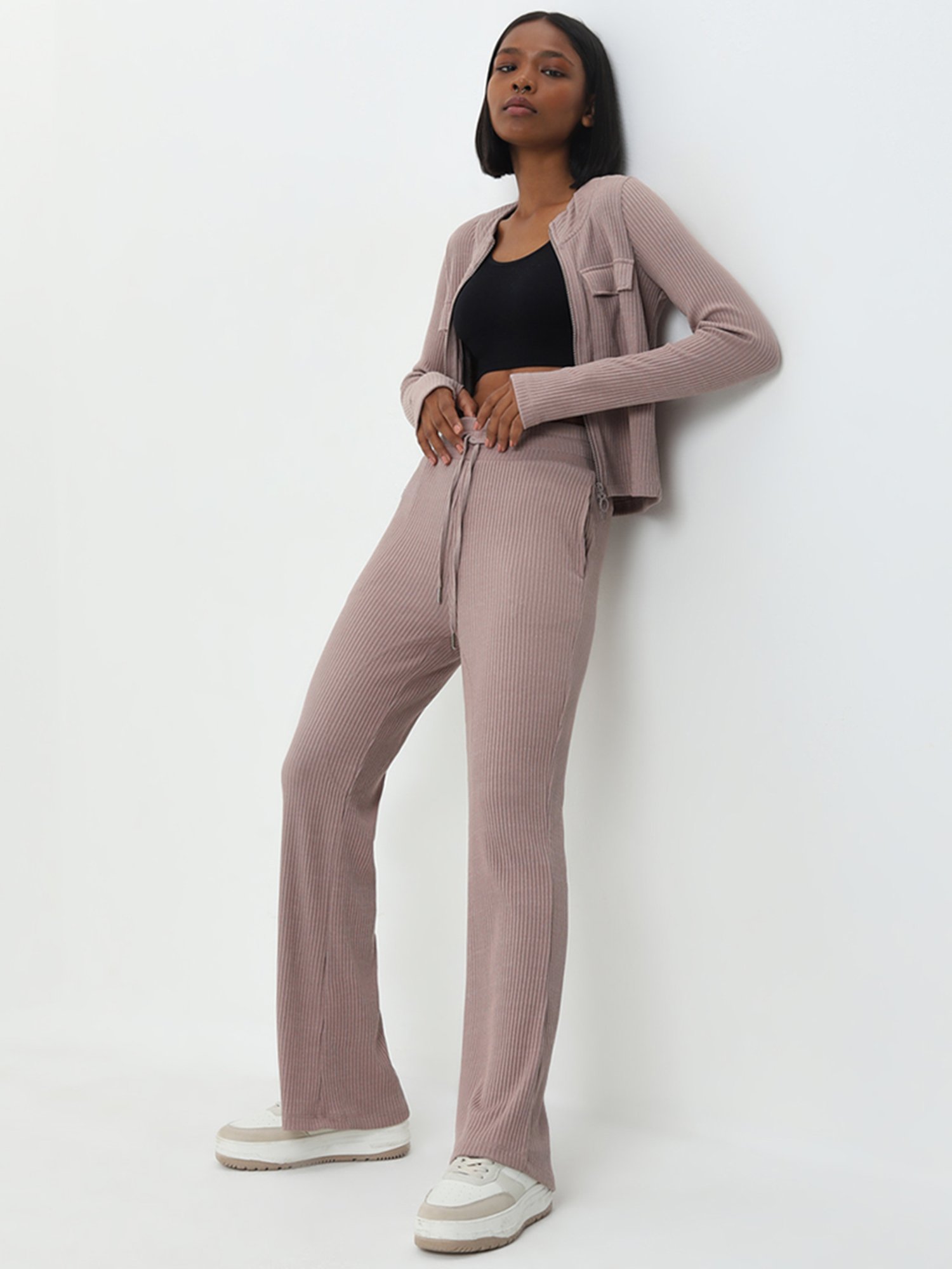 Studiofit by Westside Light Brown Ribbed Textured High-Rise Track Pants