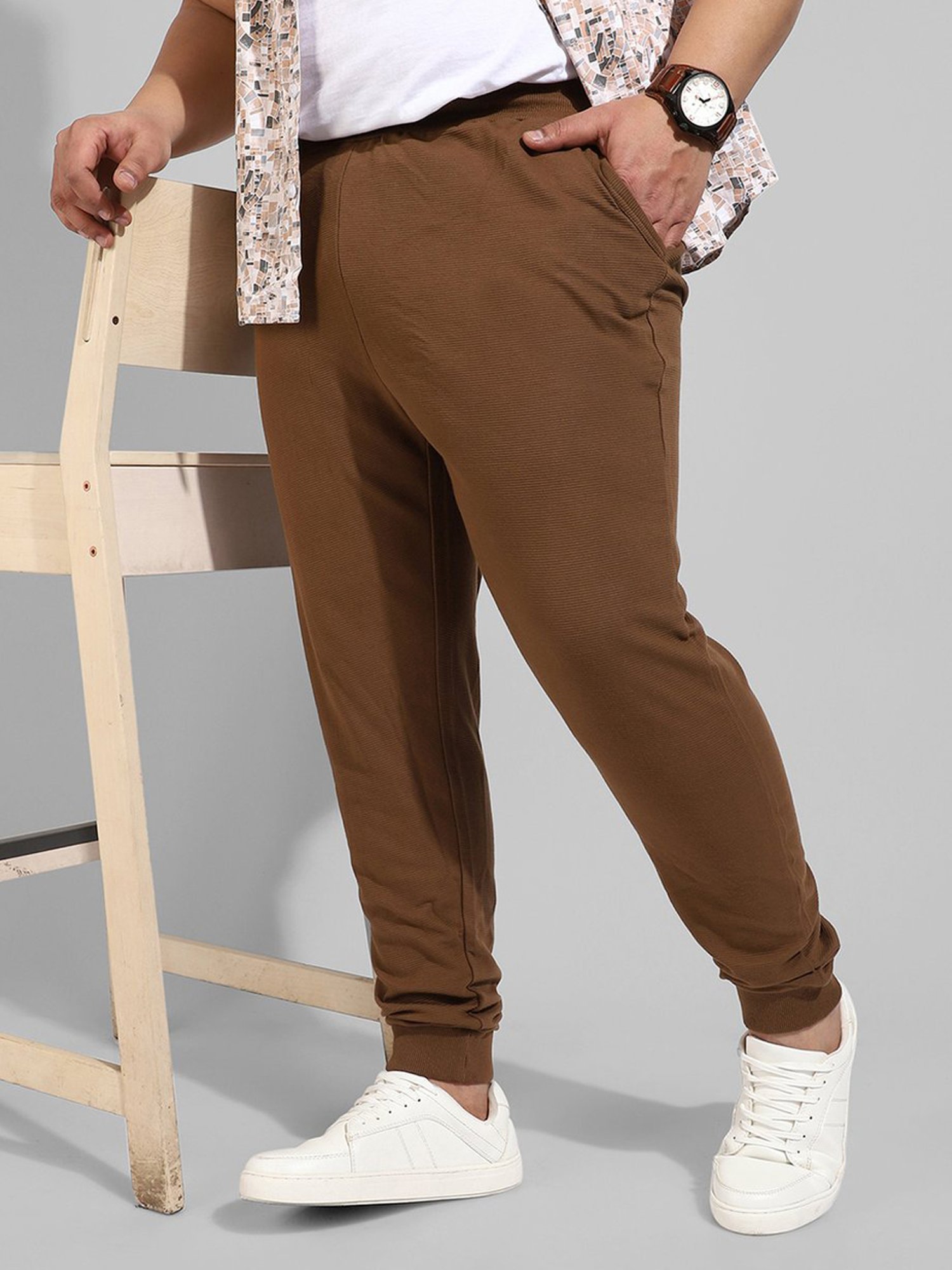 Instafab Plus Brown Cotton Regular fit Plus Size Joggers