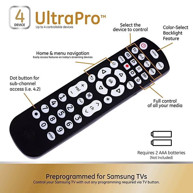 Color Select Backlit Universal Remote Control for Samsung, Vizio, LG, Sony, Sharp, Roku, Apple TV, RCA, Panasonic, Smart TV, Streaming Players, Blu-Ray, DVD, 4-Device, Black, 44220
