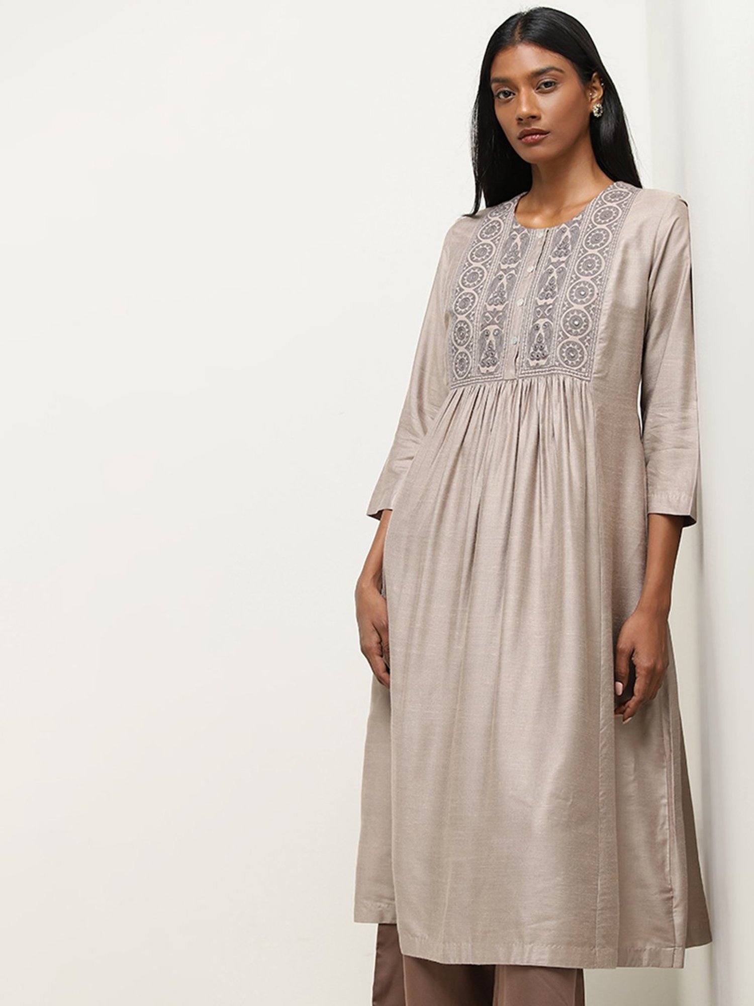 Zuba by Westside Taupe Mirror-Work Embroidered A-Line Kurta