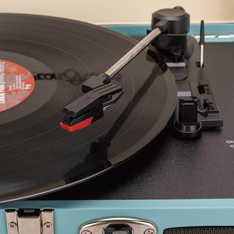 Vinyl Record Player 3 Speed Turntable Record Player with 2 Built in Stereo Speakers Replacement Needle Supports RCA Line Out AUX in Headphone Jack Portable Vintage Suitcase Teal