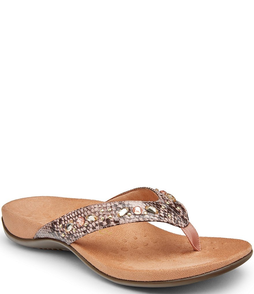 Vionic Lucia Snake Print Rhinestone Embellished Thong Sandals