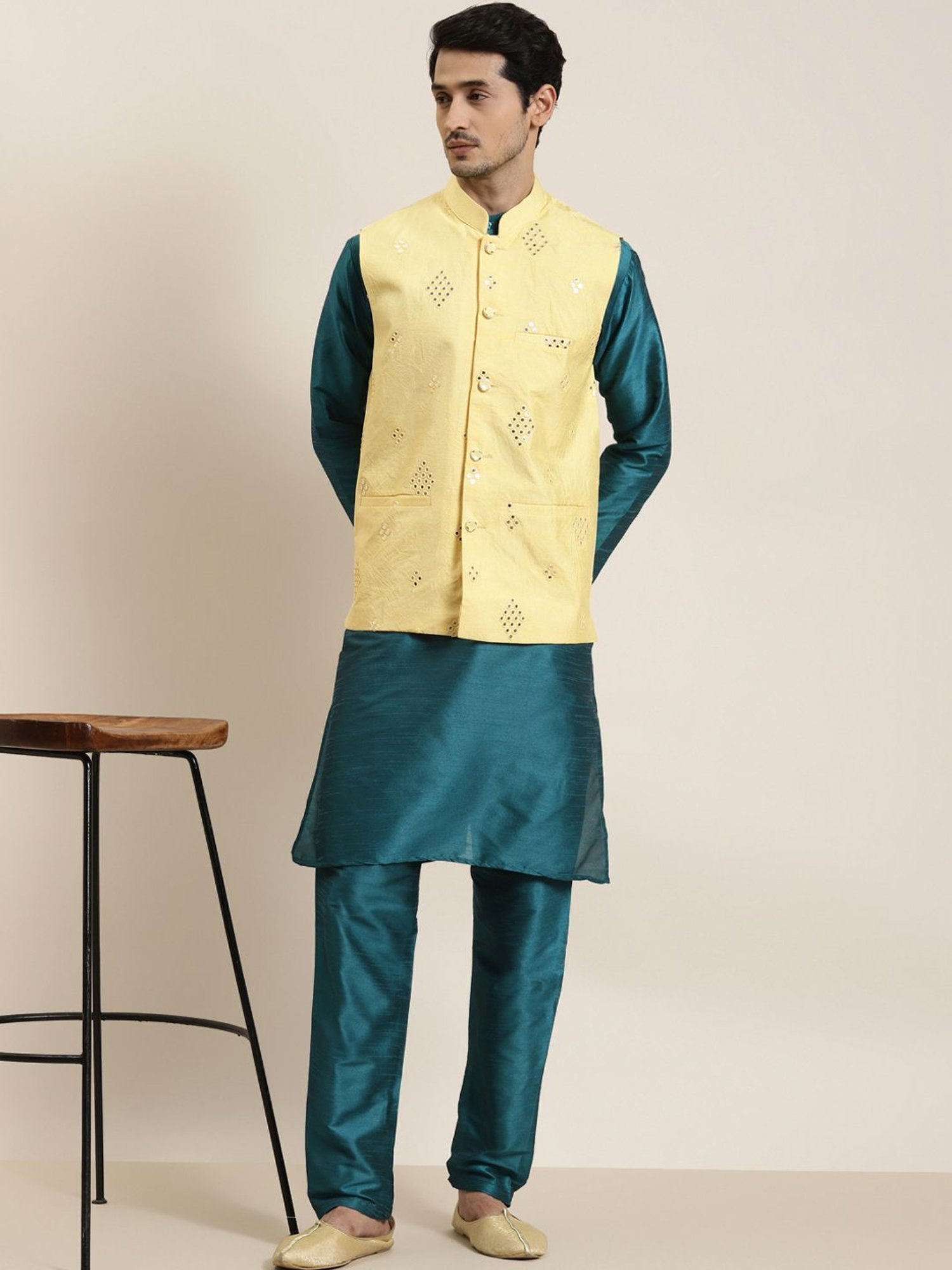Sojanya Yellow Regular Fit Self Pattern Nehru Jacket