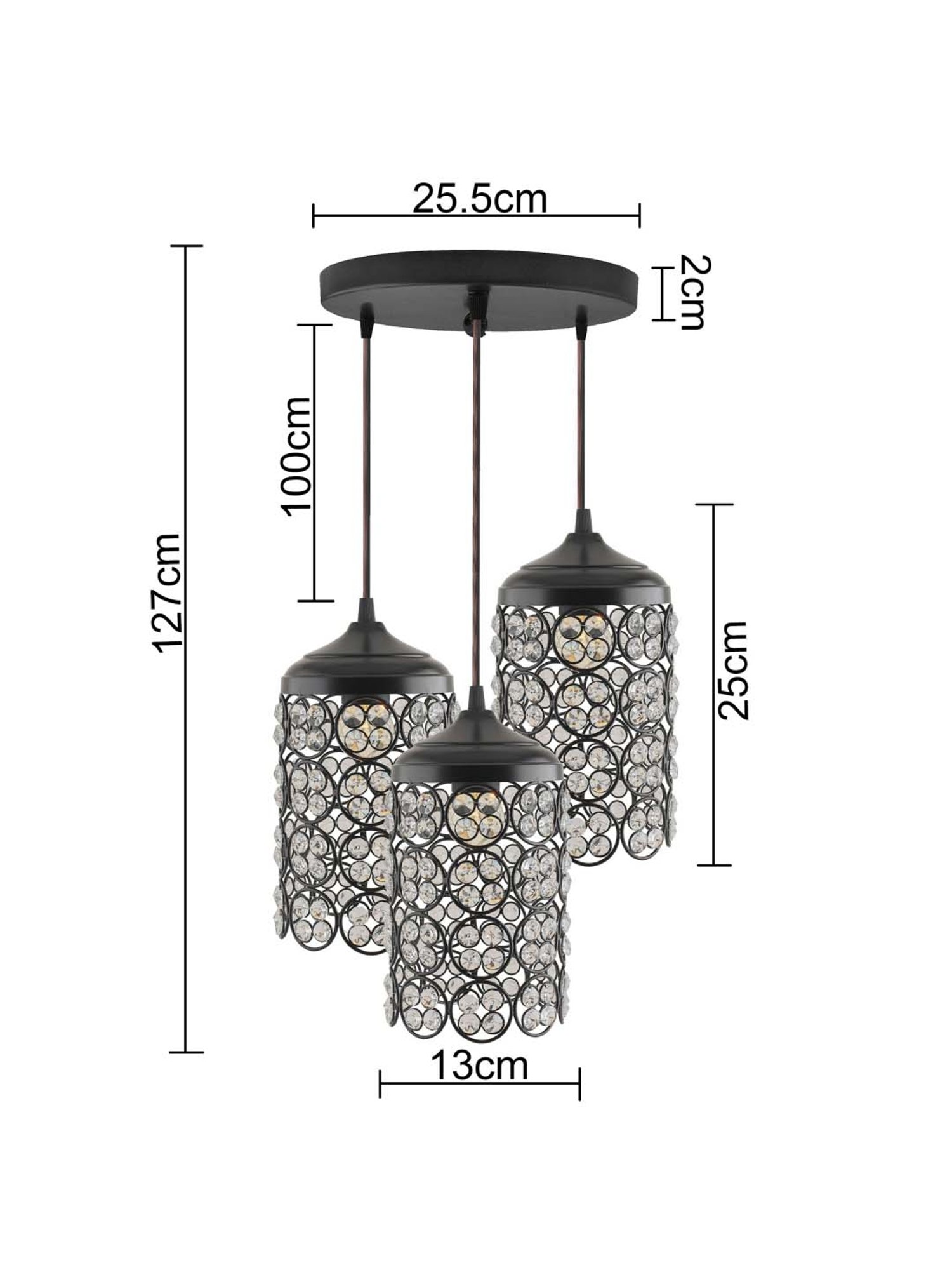 Homesake 3-Lights Round Cluster Black Metal Crystal Cylinder Pendant Light - Set of 1