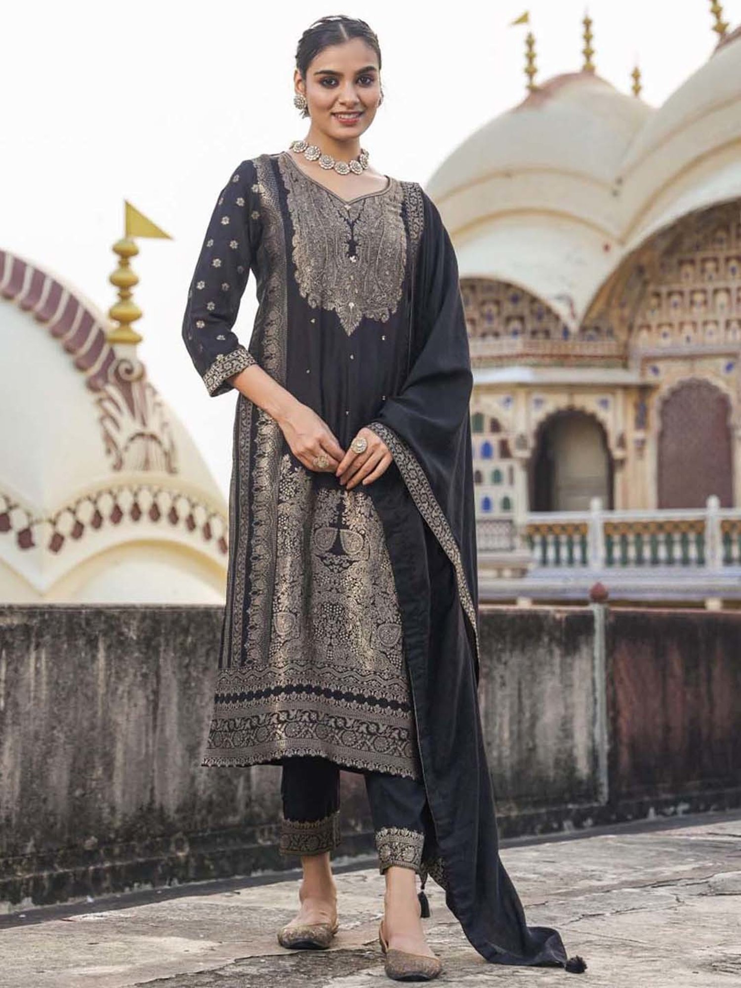 SCAKHI Black Embroidered Kurta Pant Set With Dupatta