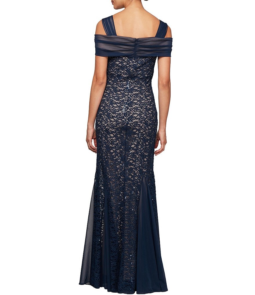 Alex Evenings Sequin Lace Cold Shoulder Godet Gown