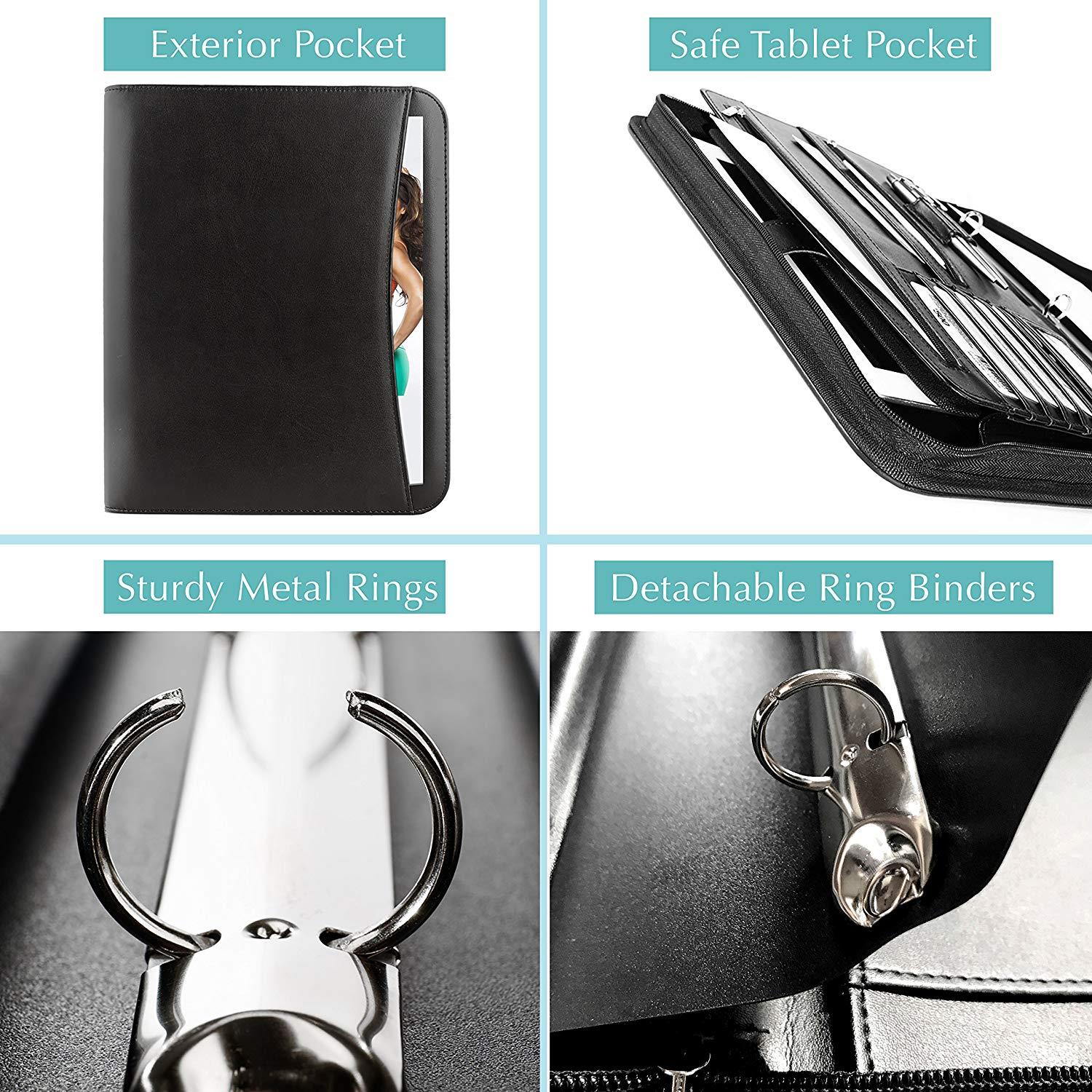 Wundermax Portfolio Binder A Zippered Padfolio with 3 Ring Binder Document Organizer Professional Interview PU Leather Folder Resume Holder Work Portfolio with Notebook and 10.1 Inch Tablet Sleeve