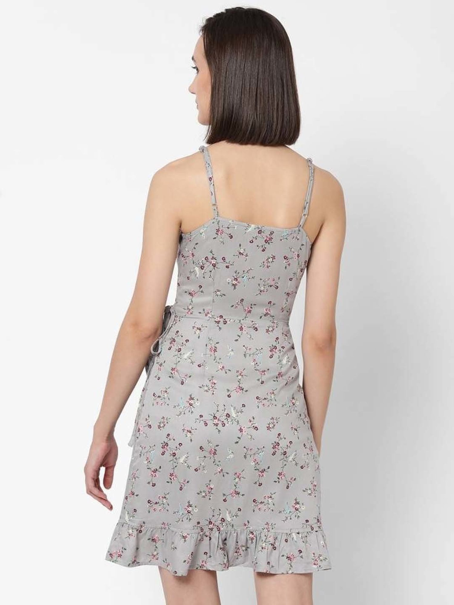 VASTRADO Grey Floral Print A-Line Wrap Dress