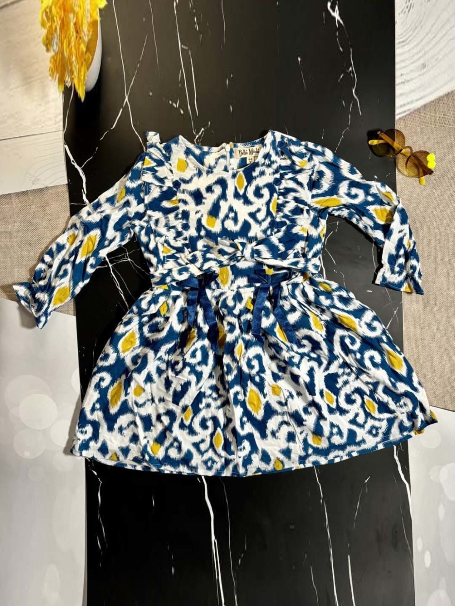 Bella Moda Kids Navy & White Cotton Printed Full Sleeves Dress