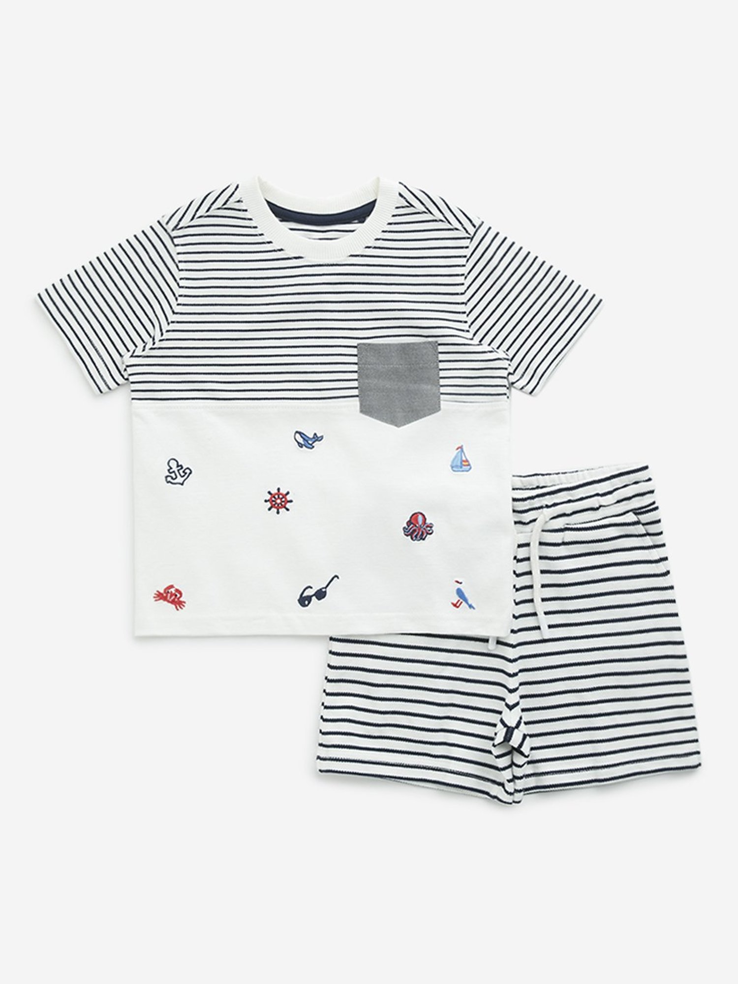 HOP Kids by Westside Navy Striped Cotton T-Shirt with Shorts Set
