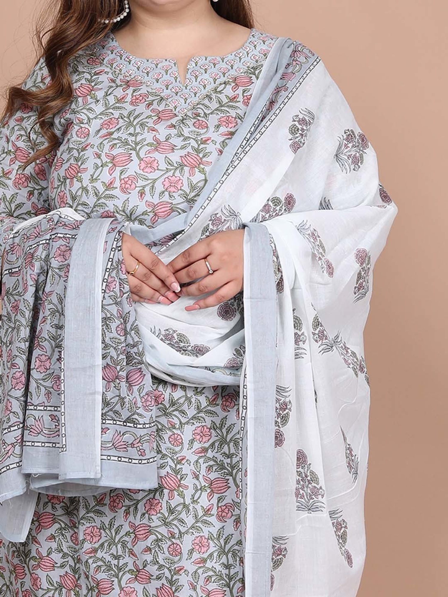 Miravan Blue Floral Print Plus Size Kurta With Palazzo & Dupatta