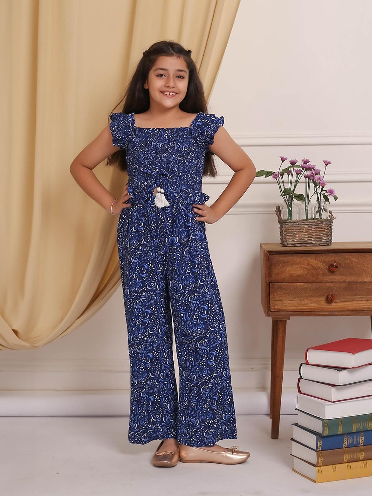 Budding Bees Girls Navy Printed Jumpsuit
