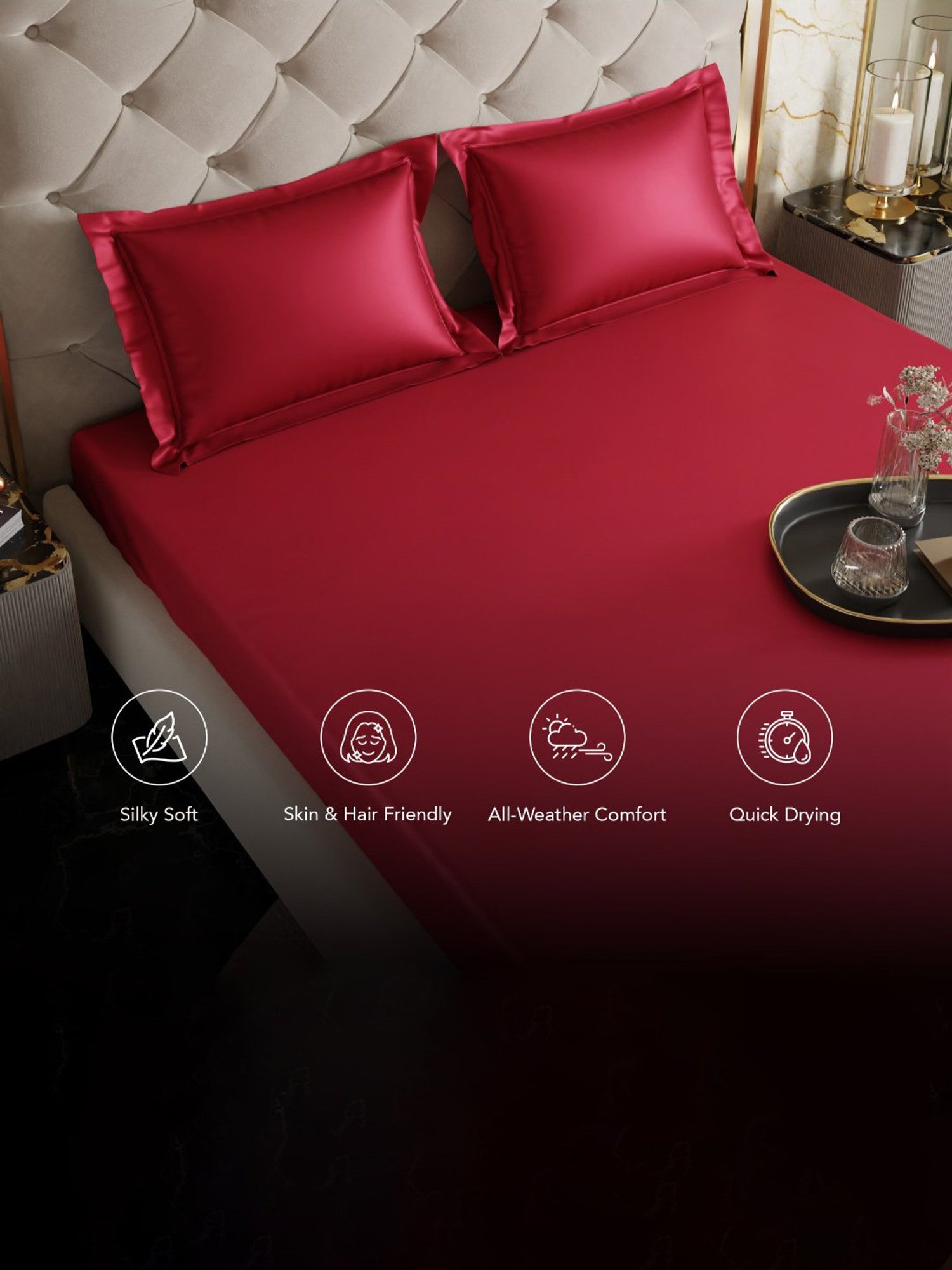 Stoa Paris Red 300 TC Polyester Double Fitted Sheet with 2 Pillow Covers