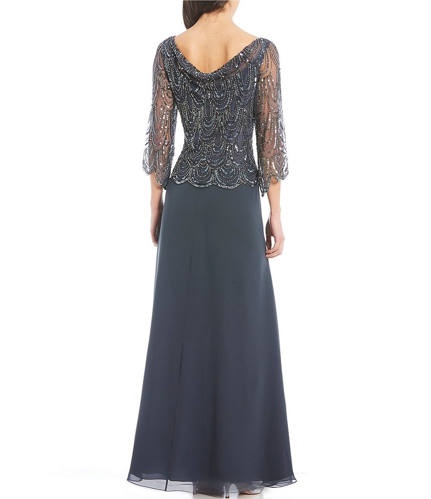 Jkara Cowl Neck Beaded Bodice Chiffon Gown